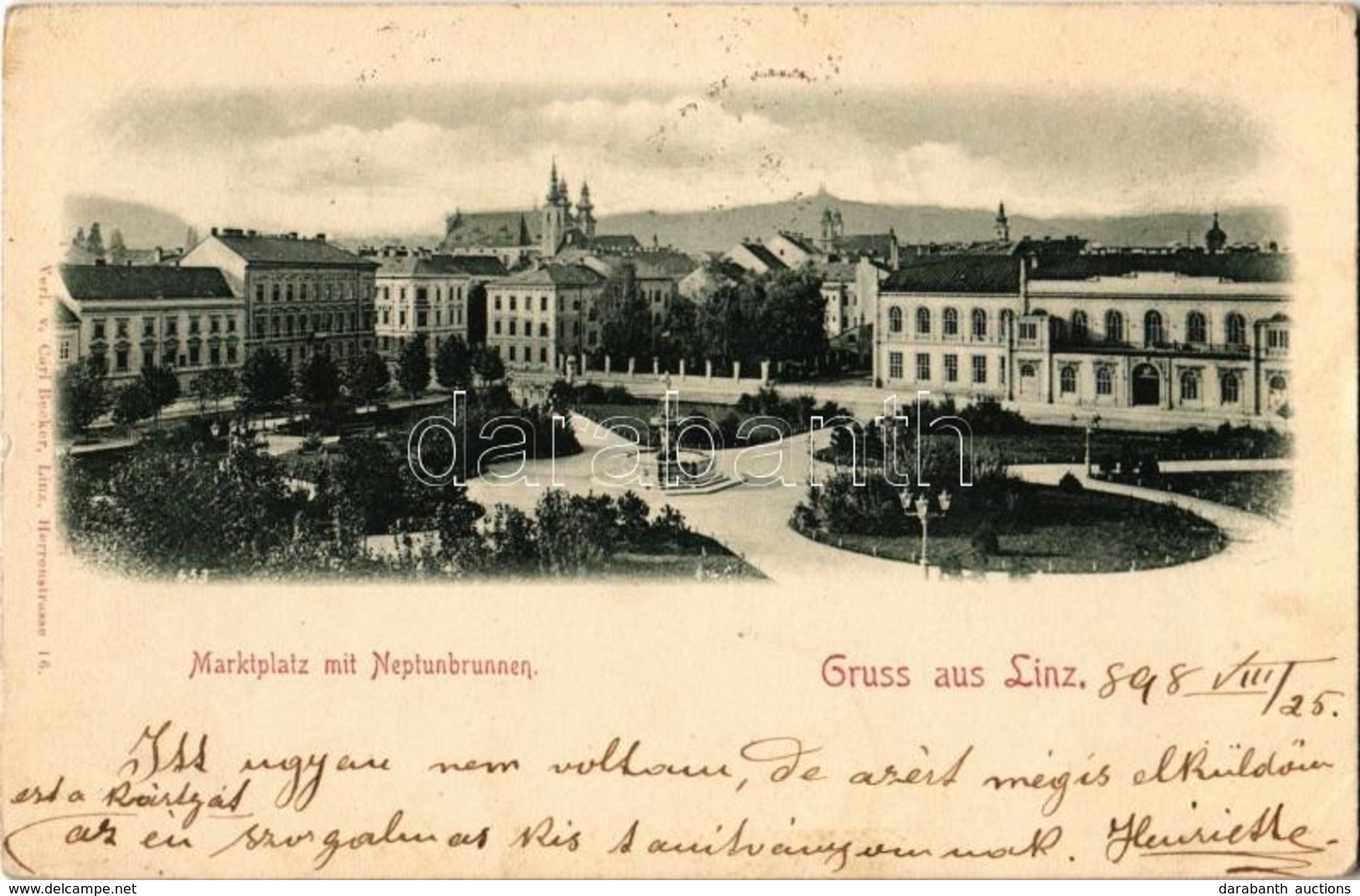 T2/T3 1898 Linz, Marktplatz Mit Neptunbrunnen. Verlag V. Carl Becker / Market Square, Fountain (EK) - Ohne Zuordnung