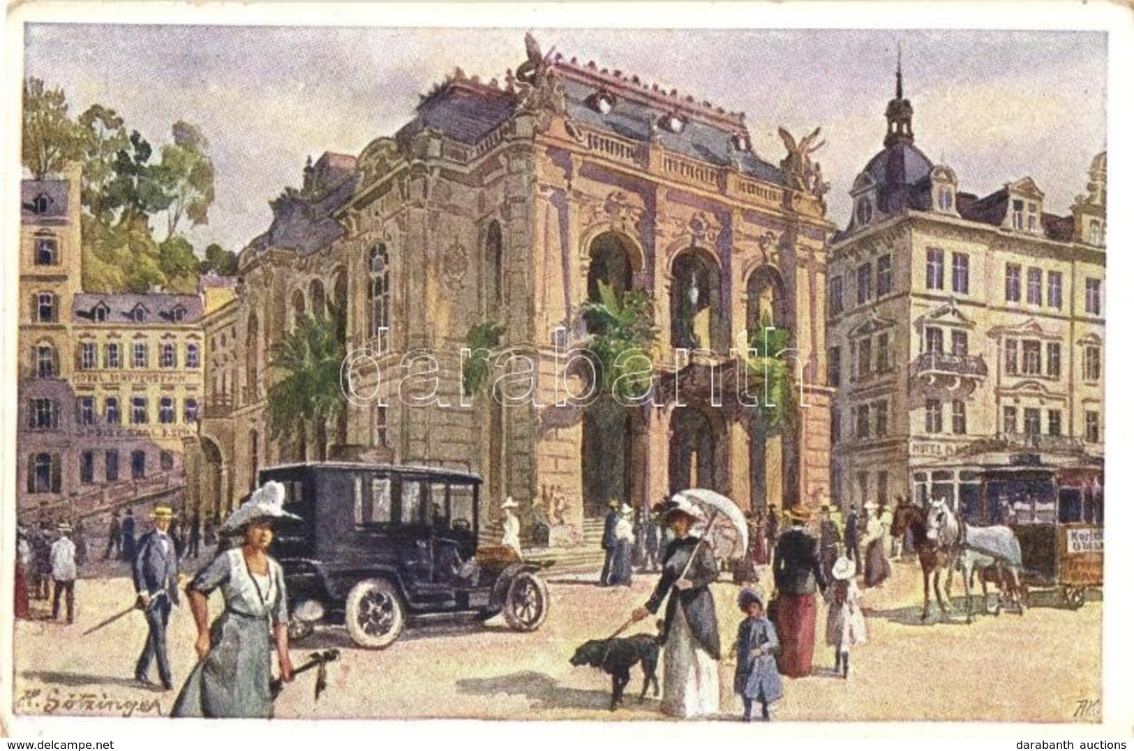 ** T2/T3 Karlovy Vary, Karlsbad; Stadttheater / Theater, Horse-drawn Tram, Automobile, Hotel; Art Postcard. S: H. Sötzin - Non Classificati