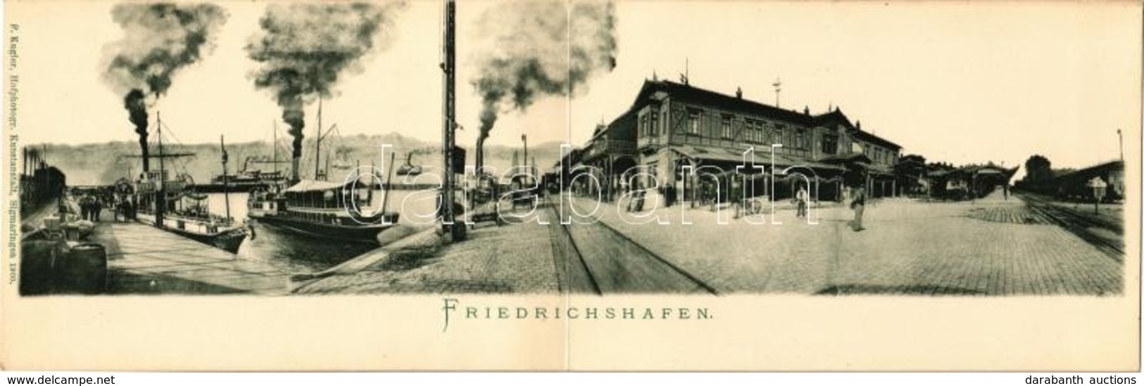 ** T1 Friedrichshafen, Bahnhof-Wirtschaft / Railway Station With Railway Restaurant And Hotel, Port, Steamships. Folding - Ohne Zuordnung