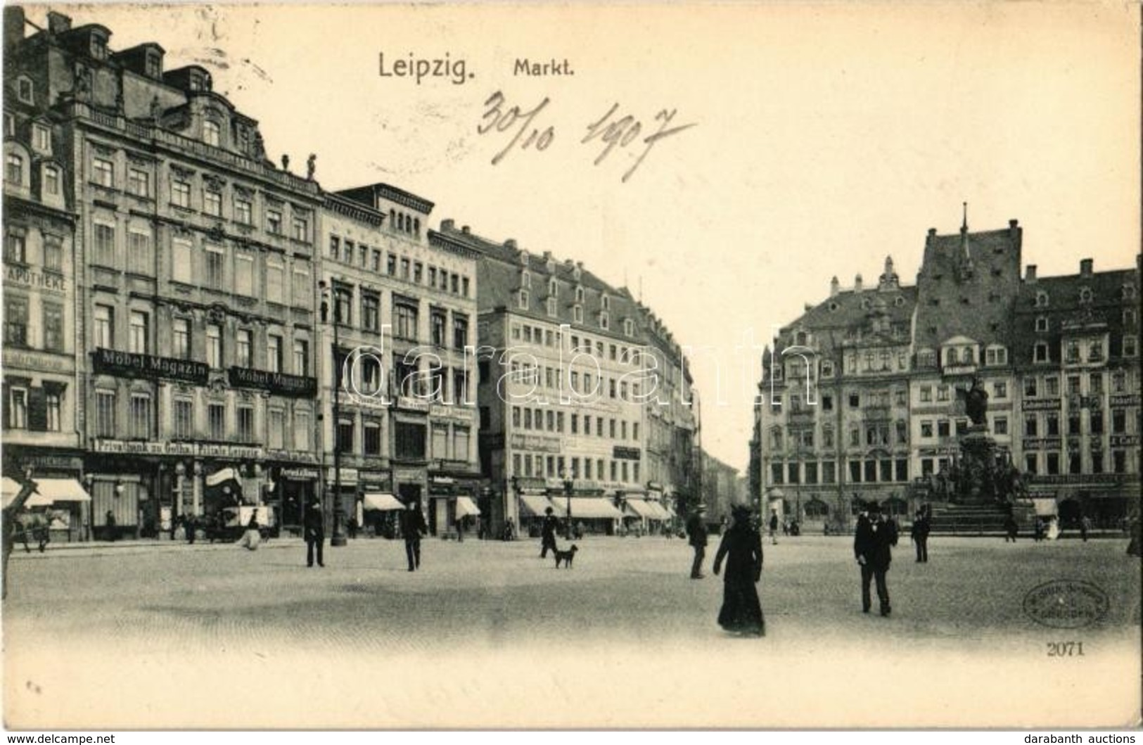 T2/T3 1907 Leipzig, Markt, Möbel-Magazin, Pirvatbank, Zachntechniker, Conditorei & Café, Apotheke / Market, Shops, Bank, - Ohne Zuordnung