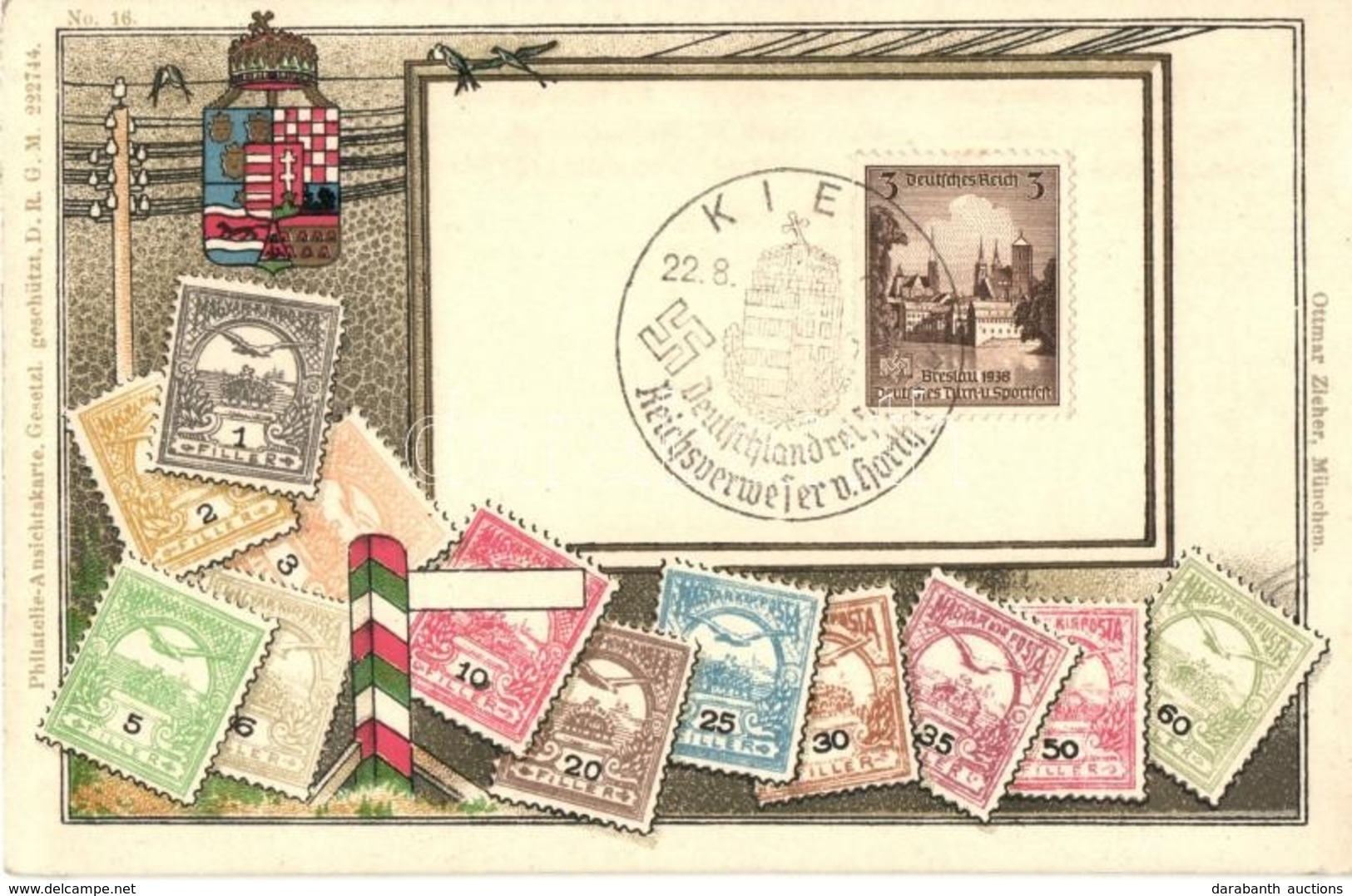 ** T2/T3 A Magyar Kir. Posta Bélyegei / Set Of Hungarian Stamps, Coat Of Arms, Ottmar Zieher's Philatelie Ansichtskarte  - Ohne Zuordnung