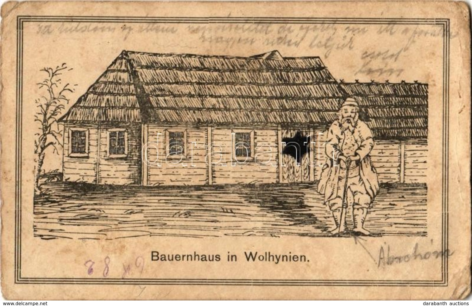 T3 1917 Bauernhaus In Wolhynien / Volhynian Jewish Man With House, Judaica. Feldpostkarte (kopott Sarkak / Worn Corners) - Ohne Zuordnung