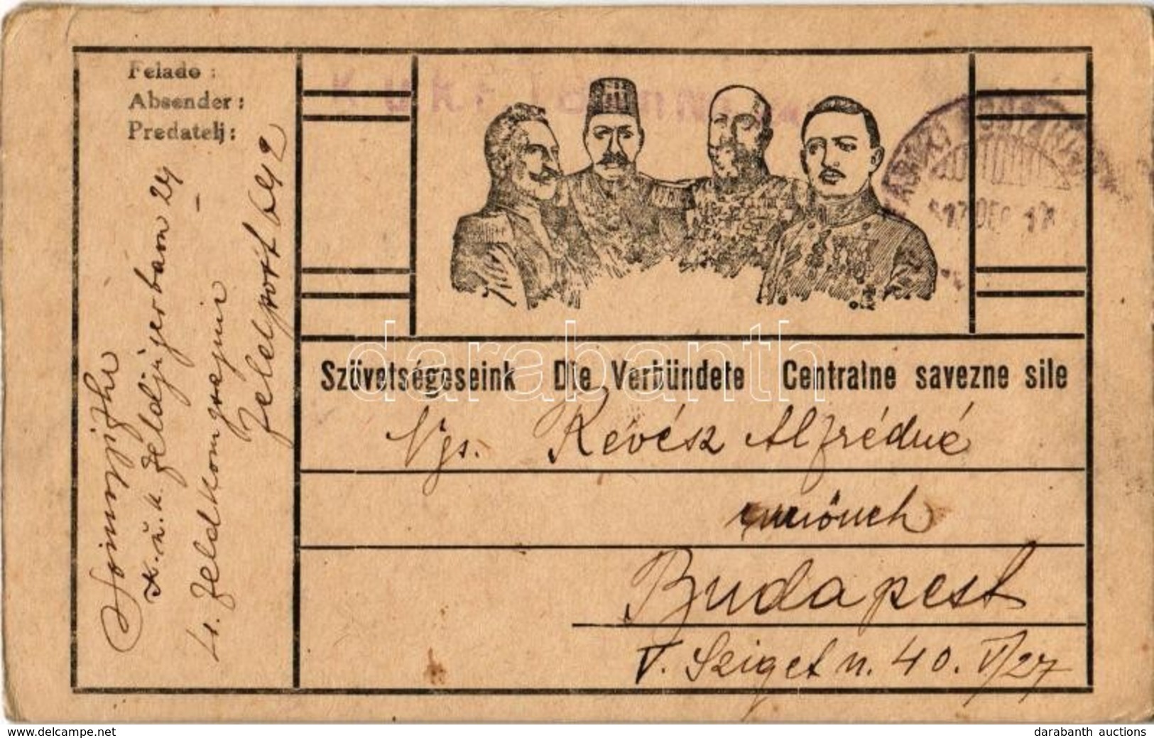 T2/T3 1917 Szövetségeseink: II. Vilmos, V. Mehmed, I. Ferdinánd, IV. Károly. Első Világháborús Tábori Posta A Központi H - Ohne Zuordnung