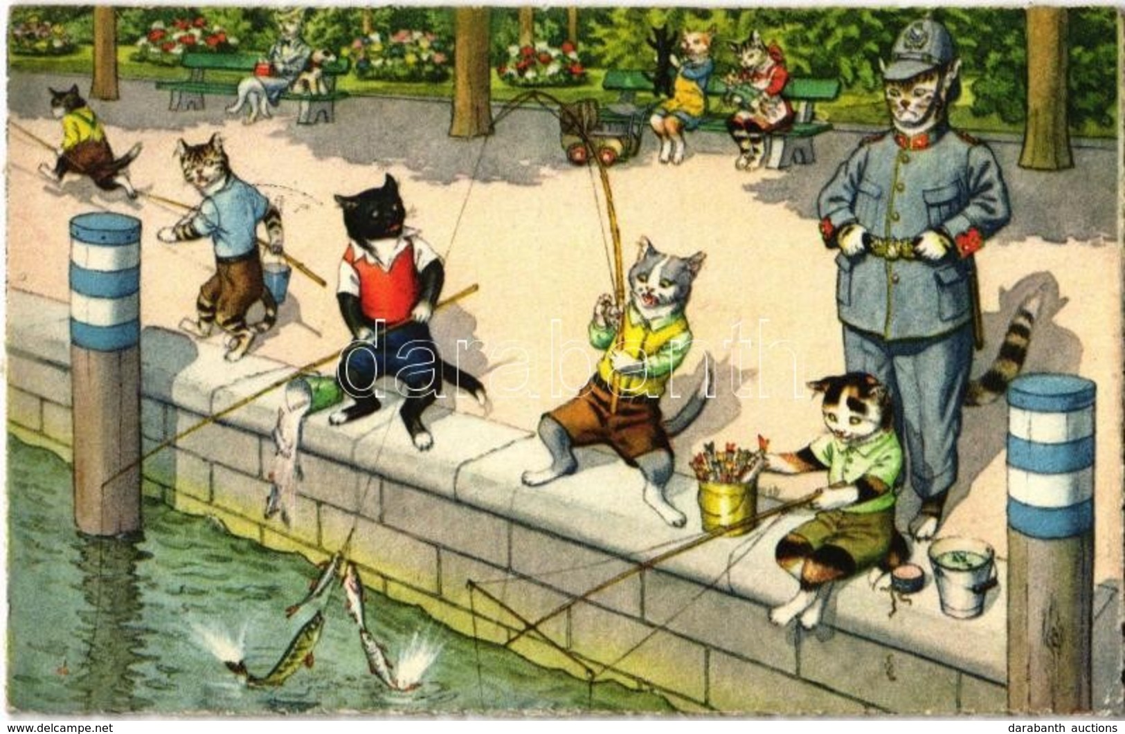 T2/T3 Fishing Cats And Policeman Cat. Max Künzli MKZ No. 4742. - Modern Postcard (EK) - Ohne Zuordnung