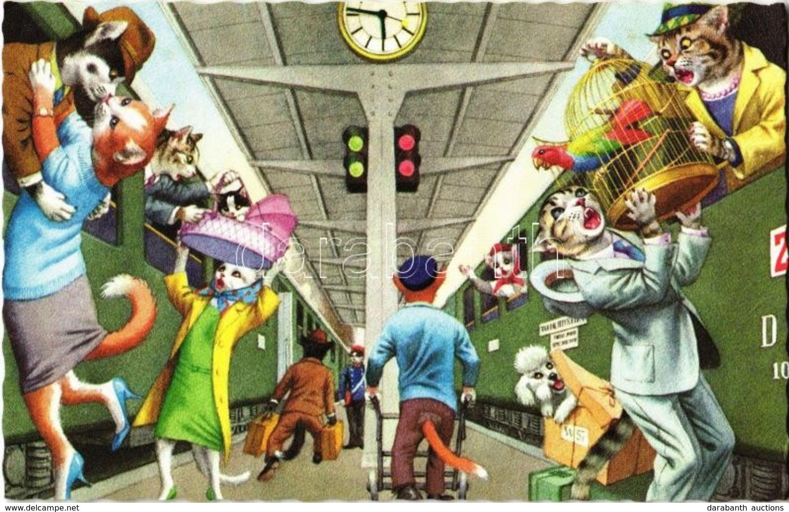 * T2 Cats At The Railway Station, Trains. Alfred Mainzer ALMA 4945. - Modern Postcard - Unclassified