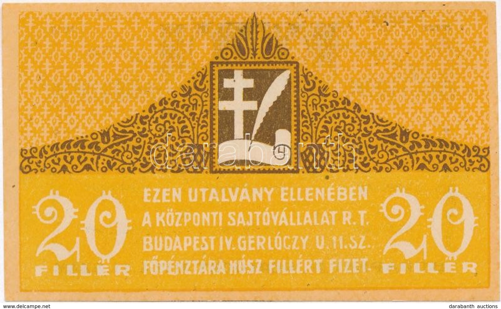 Budapest 1919. 20f 'Központi Sajtóvállalat R.T.' T:I / Hungary / Budapest 1919. 20 Fillér 'Központi Sajtóvállalat R.T. ( - Zonder Classificatie