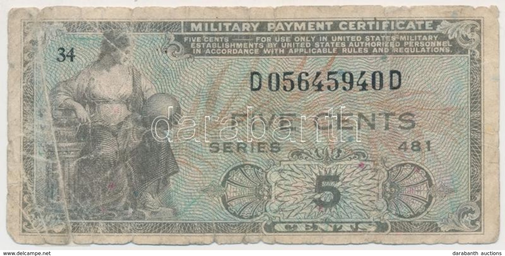 Amerikai Egyesült Államok / Katonai Kiadás 1951. 5c '481.' Sorozat T:III-
USA / Military Payment Certificate 1951. 5 Cen - Ohne Zuordnung