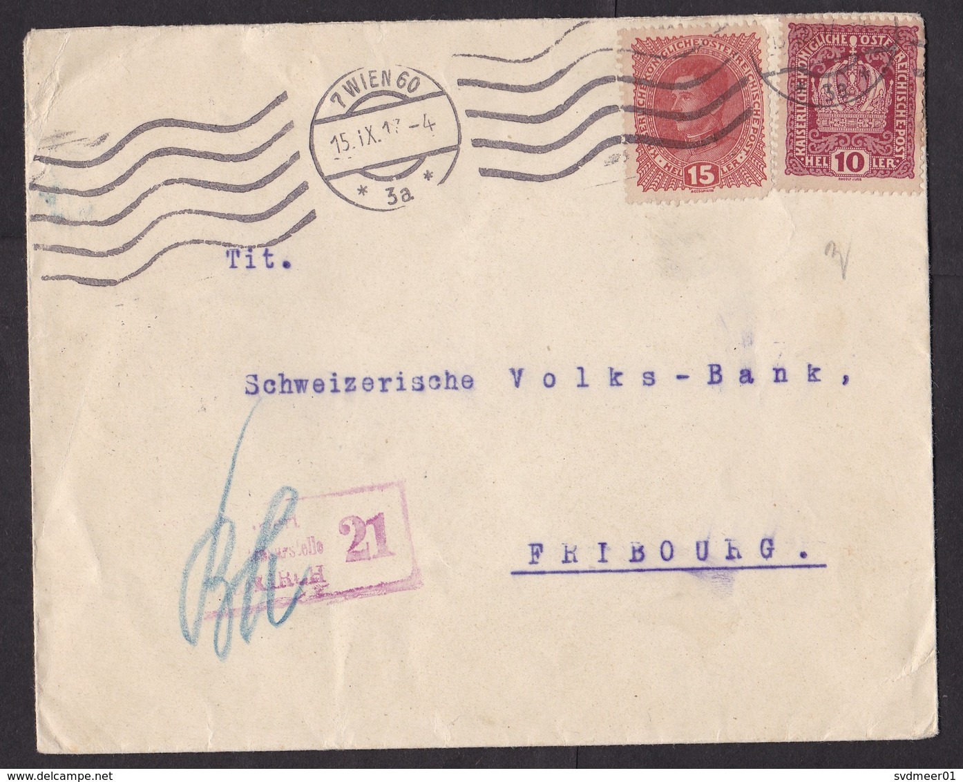 Austria: Cover To Switzerland, 1917, 2 Stamps, Censored, Censor Cancel, World War 1, WW1 (minor Damage) - Brieven En Documenten