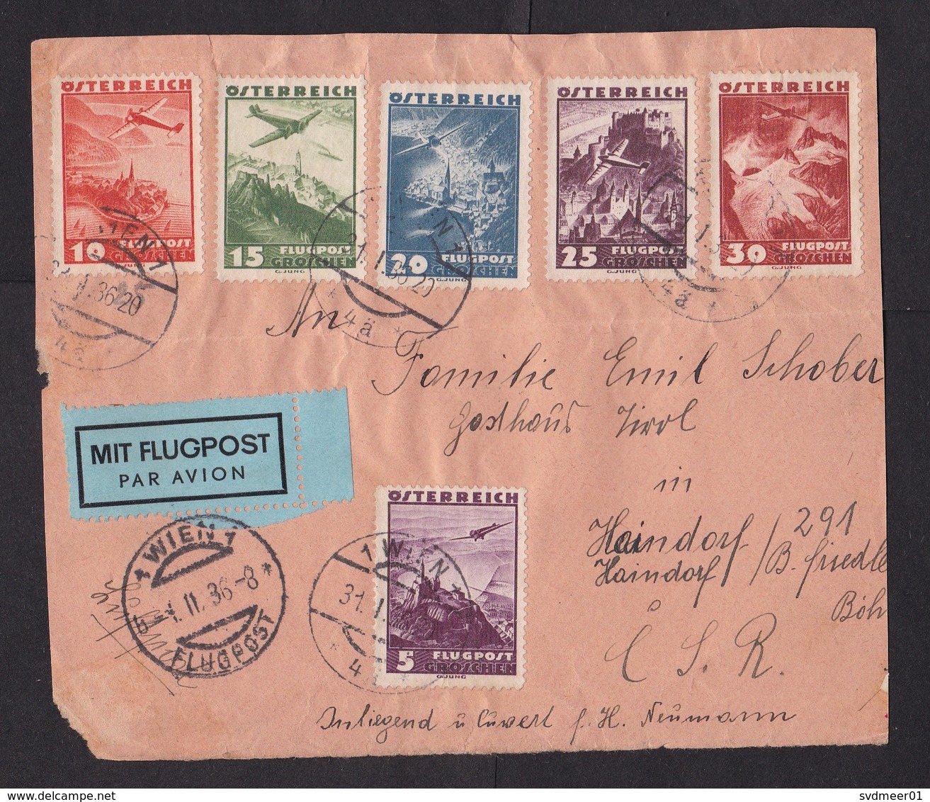 Austria: Front Cover (cut Out, Front Only!) To Czechoslovakia, 1936, 6 Airmail Stamps, Air Label (damaged) - Brieven En Documenten