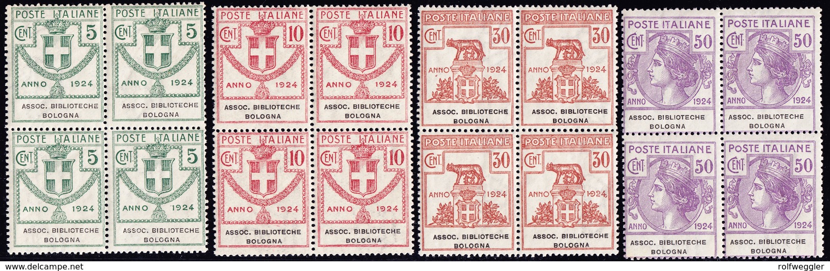 1924 ASSOC. BIBLIOTECHE BOLOGNA 5c-50c Komplette Serie Im 4-er Block; Sas Nr. 1-4; Euro 1550.- - Vaglia Postale