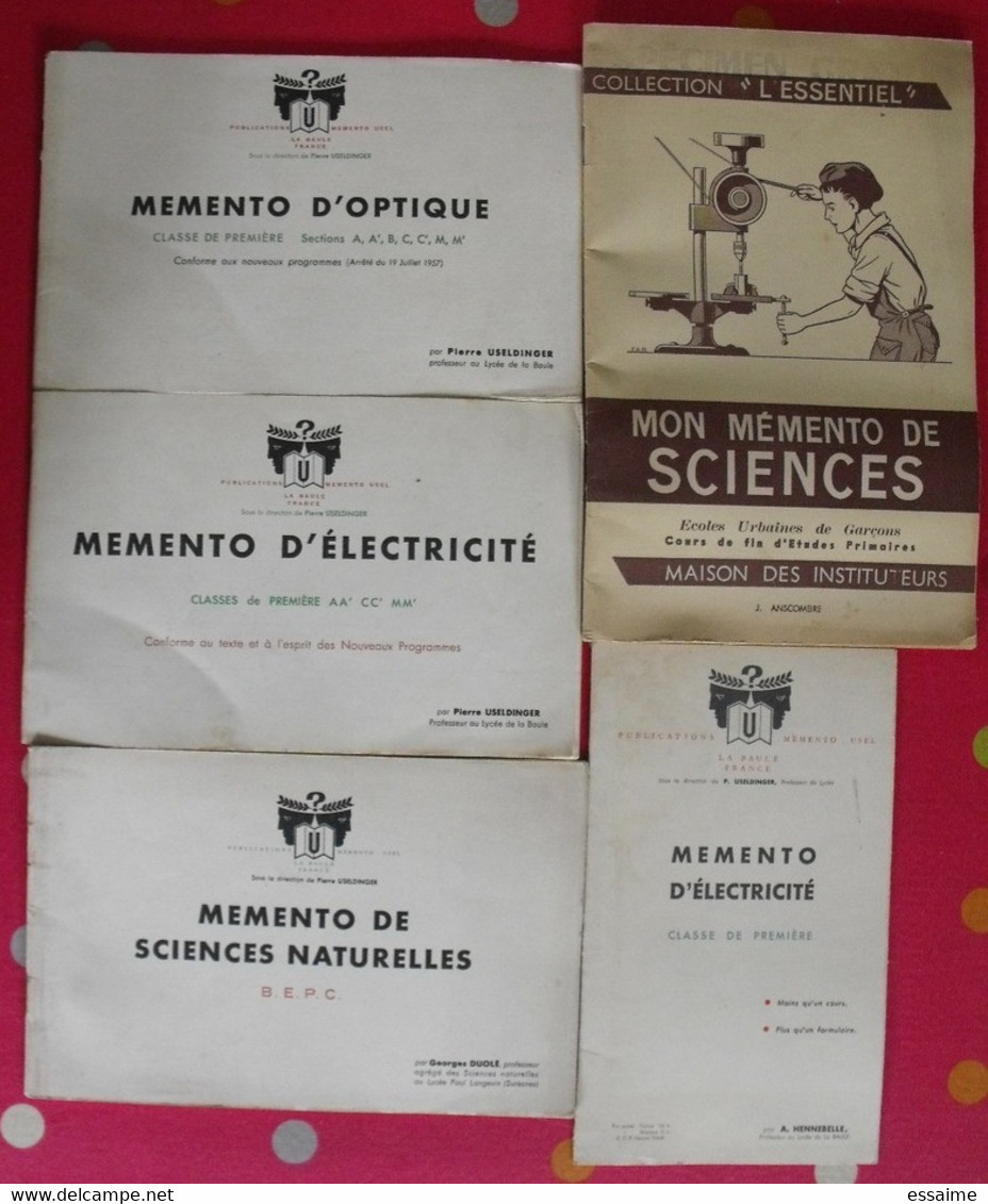 5 Livrets Memento  Optique électricité Sciences Naturelles. Useldinger Duolé Hennebelle Assombre. 1954-1964 - Learning Cards