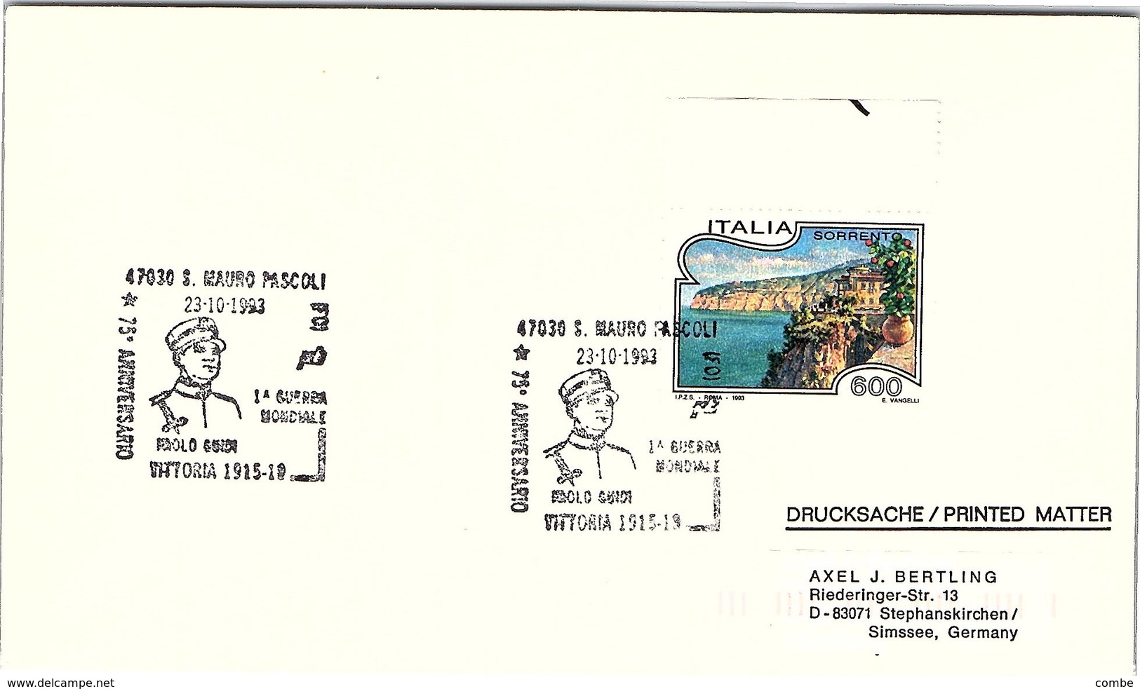 ITALIA.   75 ANNIVERSRIO VITTORIA 1° GUERRA MONDIALE MAURO PASCOLI 1993 - 1991-00: Storia Postale