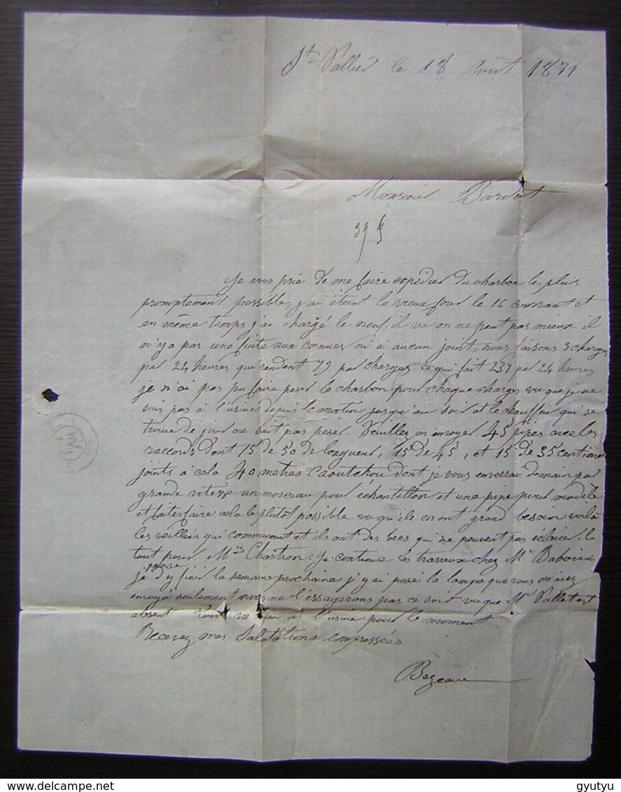 Saint-Vallier-sur-Rhône (Drôme) 1871 Lettre Pour Bardot Cadet & Fils Jeune à Lyon, Affranchi  20 Centimes Siège (N°37) - 1849-1876: Klassik