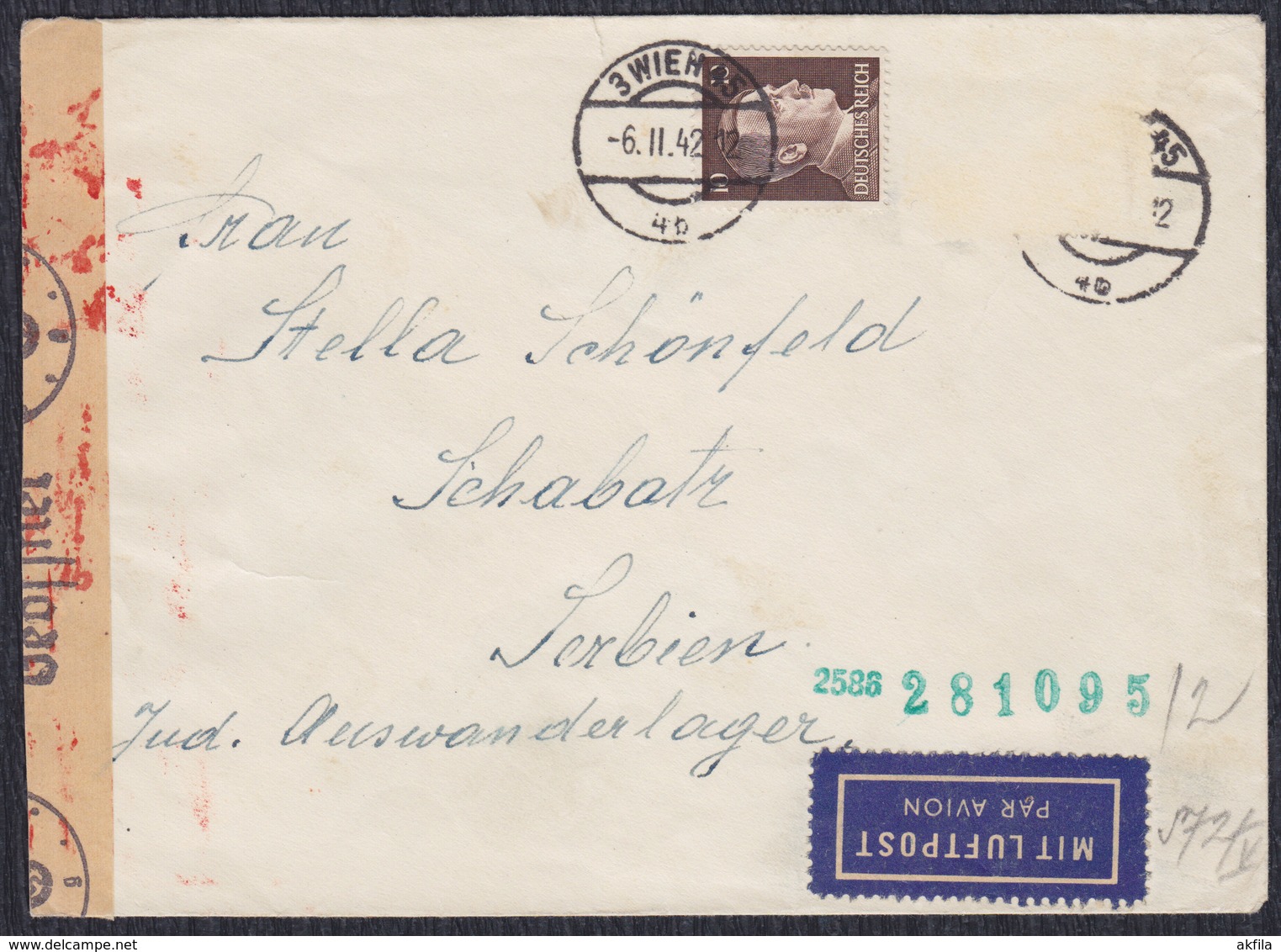 WWII Germany 1942 Censored Letter Sent From Vienna To Sabac - Lettres & Documents