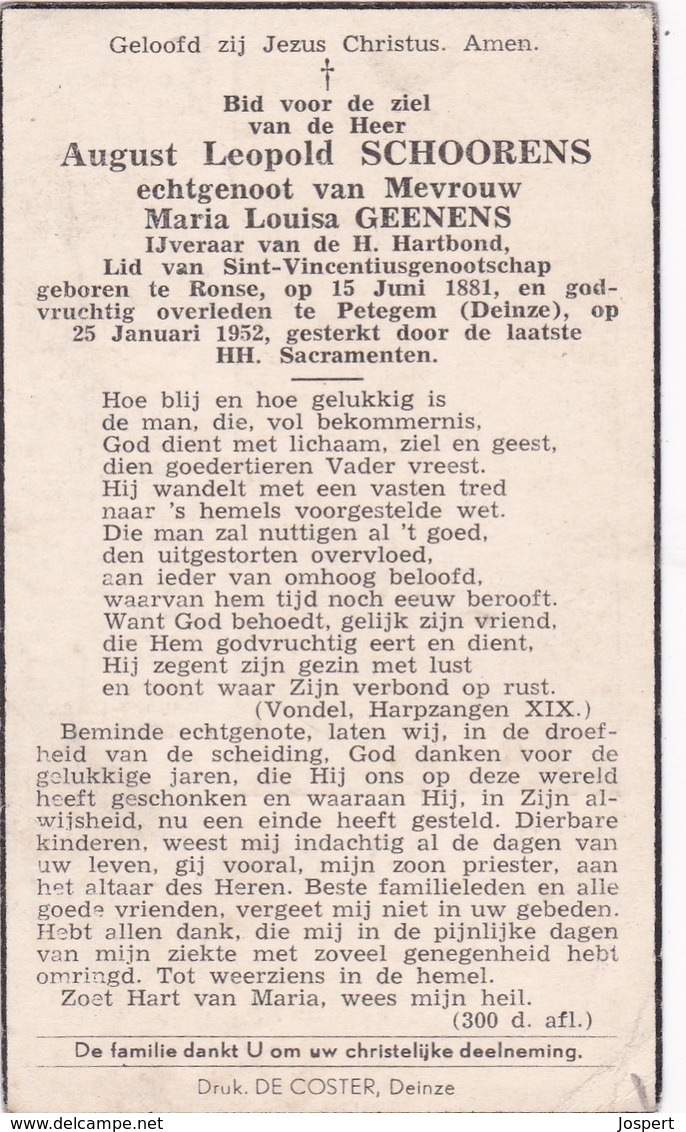 Renaix, Ronse, 1952, Petegm-Deinze, August Schoorens, Geenens - Religion & Esotérisme