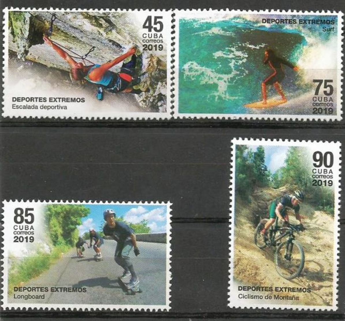 Cuba 2019 Extreme Sports (Mountain Escalade, Surf, Longboard And Montain Cycling) 4v MNH - Ciclismo