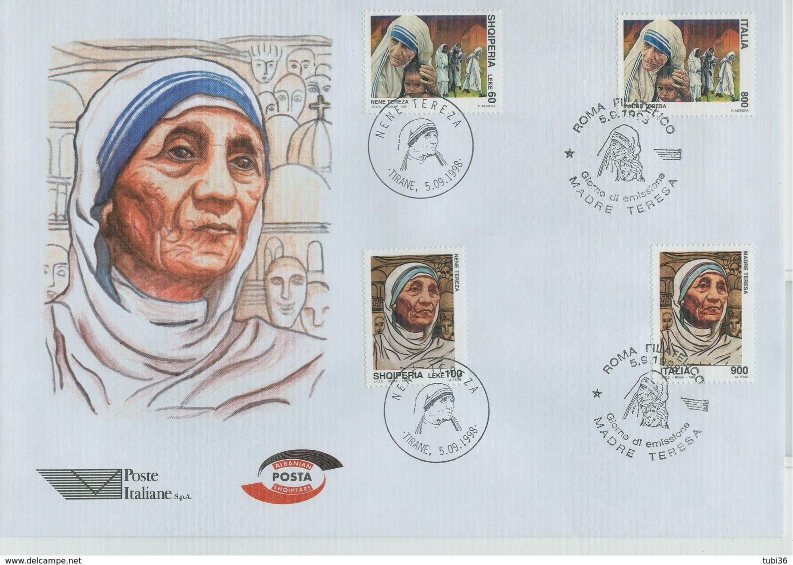 MADRE TERESA-EMISSIONE CONGIUNTA 1998 -TIMBRO  POSTE ITALIA-ALBANIA- - Mère Teresa