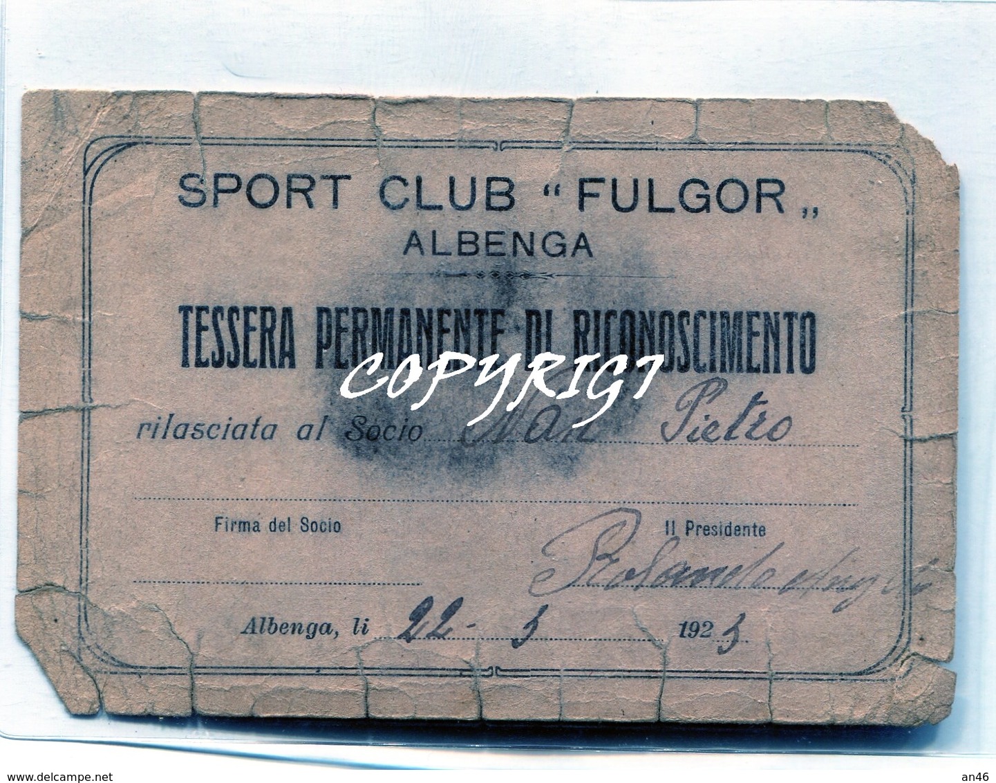 TESSERA_TESSERE_DOCUMENTO/I-"SPORT CLUB FULGOR"ALBENGA"1923 - Collezioni