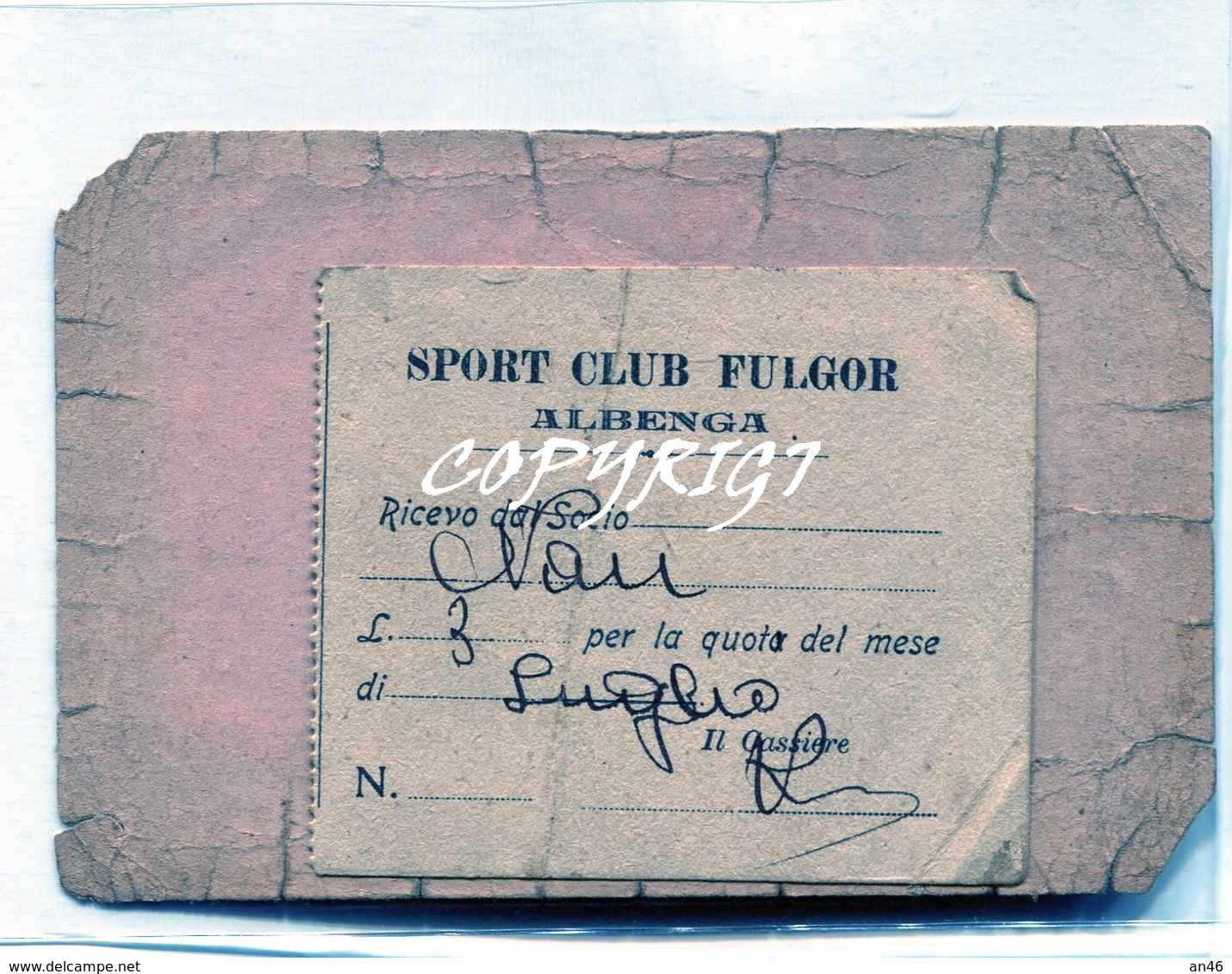 TESSERA_TESSERE_DOCUMENTO/I-"SPORT CLUB FULGOR"ALBENGA"1923 - Collezioni