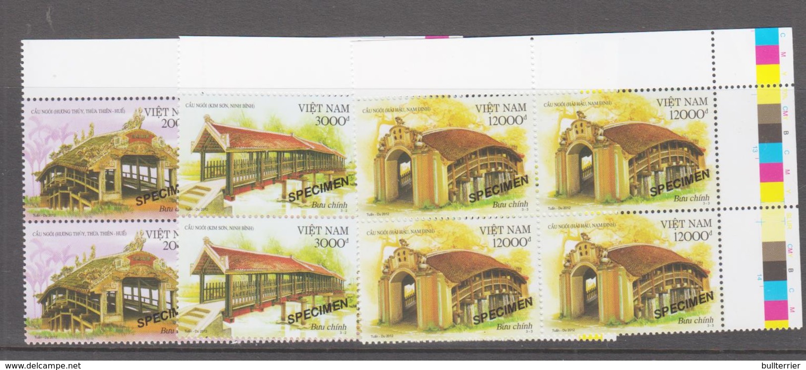 BUDDHISM - VIETNAM  - 2012 - TEMPLE BRIDGES SET OF 3 IN CORNER BLOCKS OF 4  MINT NEVER HINGED SPECIMEN OVERPRINTS - Buddhism