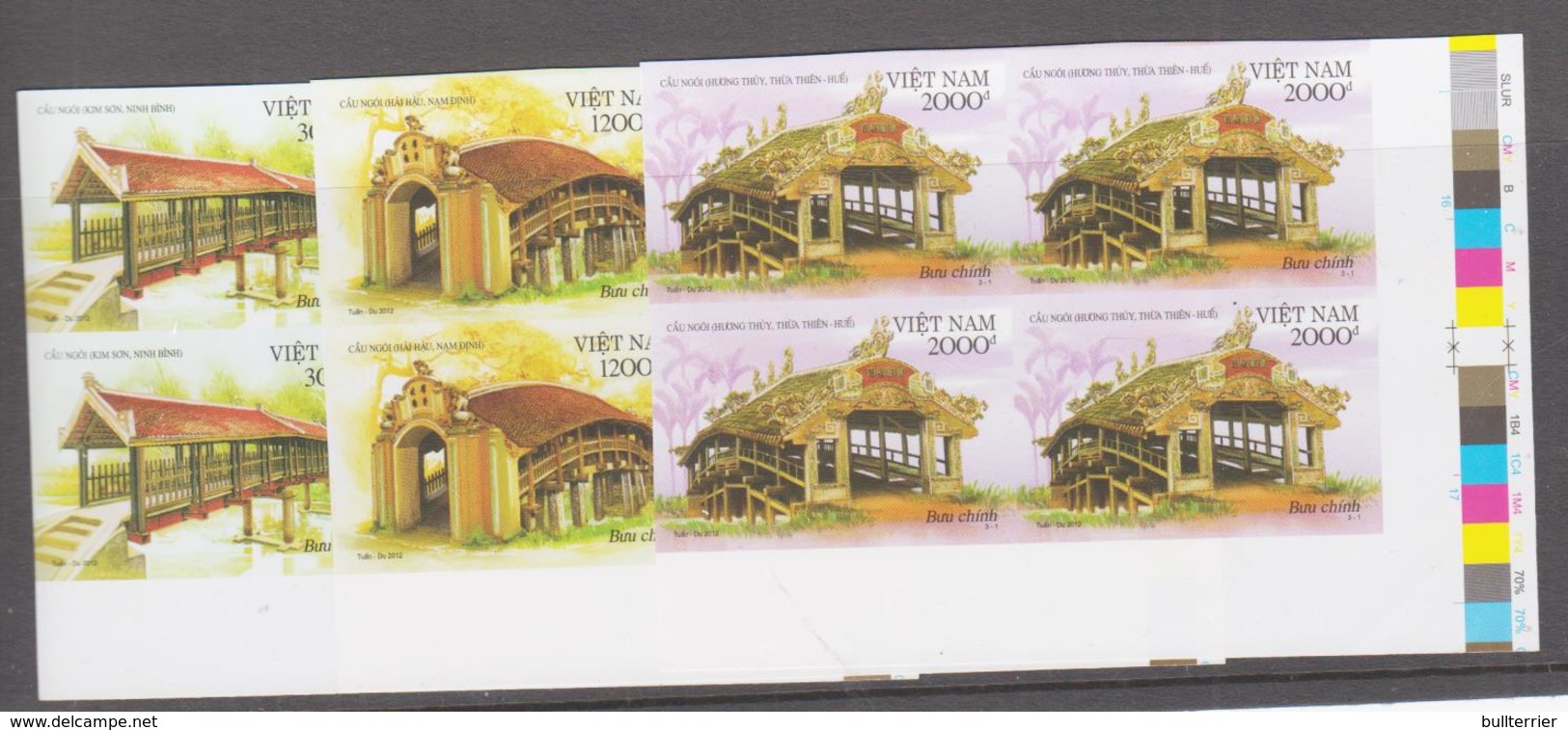 BUDDHISM - VIETNAM  - 2012 - TEMPLE BRIDGES SET OF 3 IN IMPERF CORNER BLOCKS OF 4  MINT NEVER HINGED - Buddhism