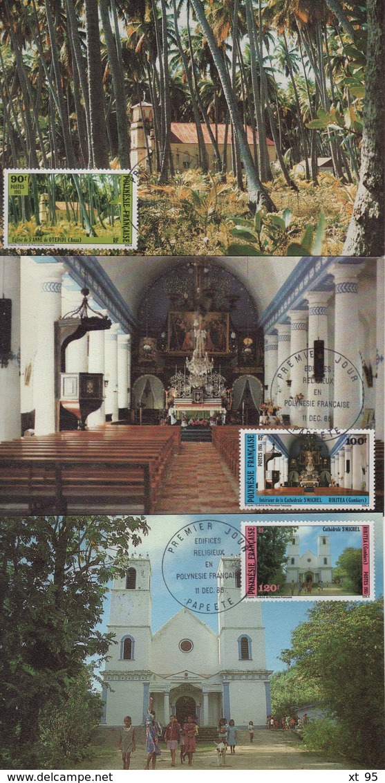 Polynesie - Carte Maximum - 1985 - N°243-244-245 - Edifices Religieux - Tarjetas – Máxima