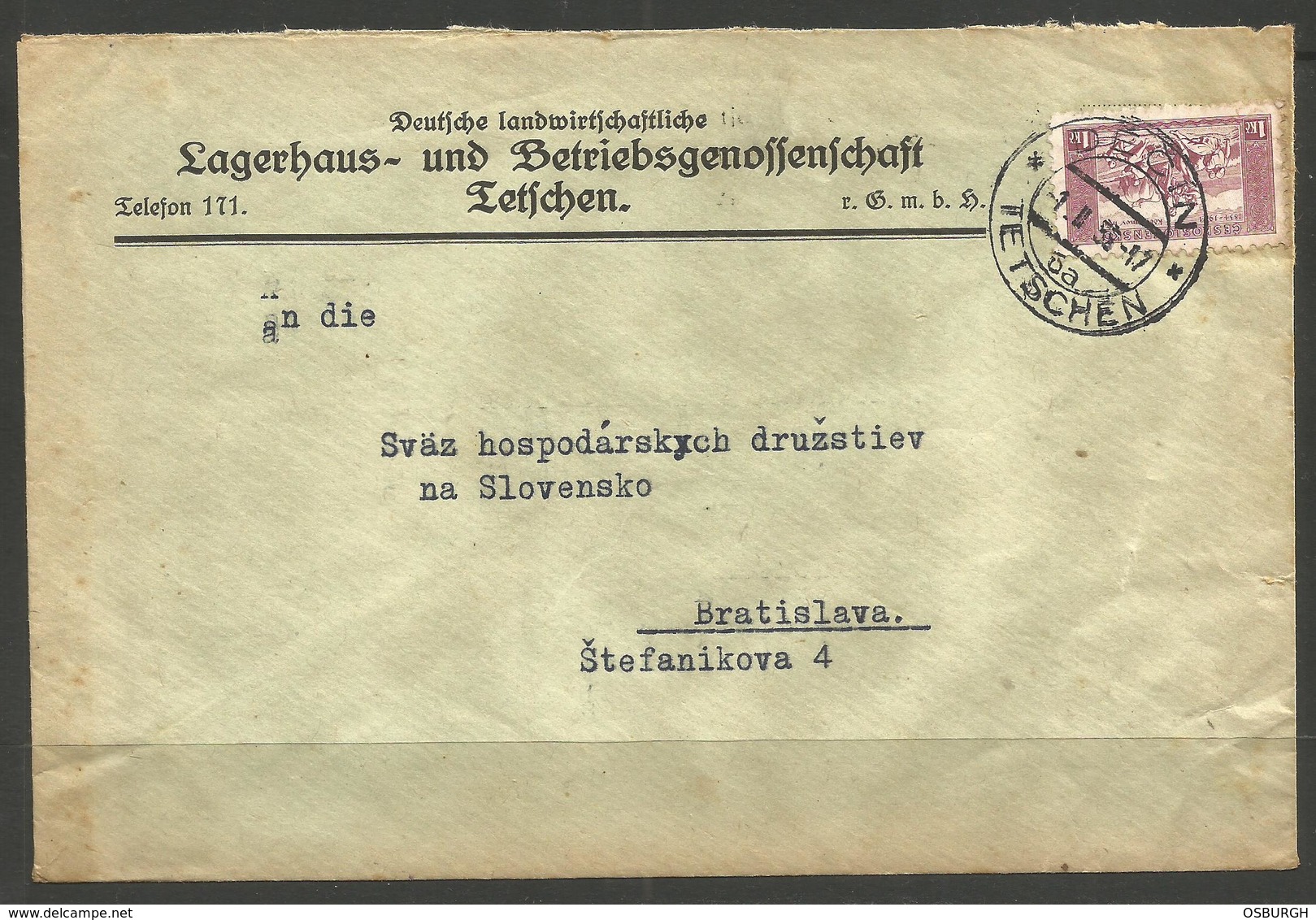 CZECHOSLOVAKIA / SLOVAKIA. 1938. COVER. DECIN / TETSCHEN POSTMARK. AGRICULTURAL STORAGE AND EQUIPMENT - Covers & Documents