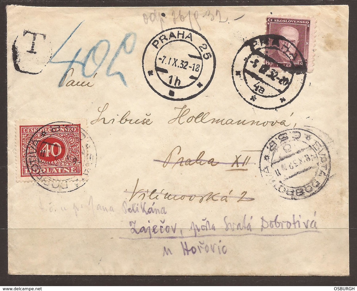 CZECHOSLOVAKIA. 1932. POSTAGE DUE COVER REDIRECTED. SVATA DOBROTIVA CANCELS - Covers & Documents