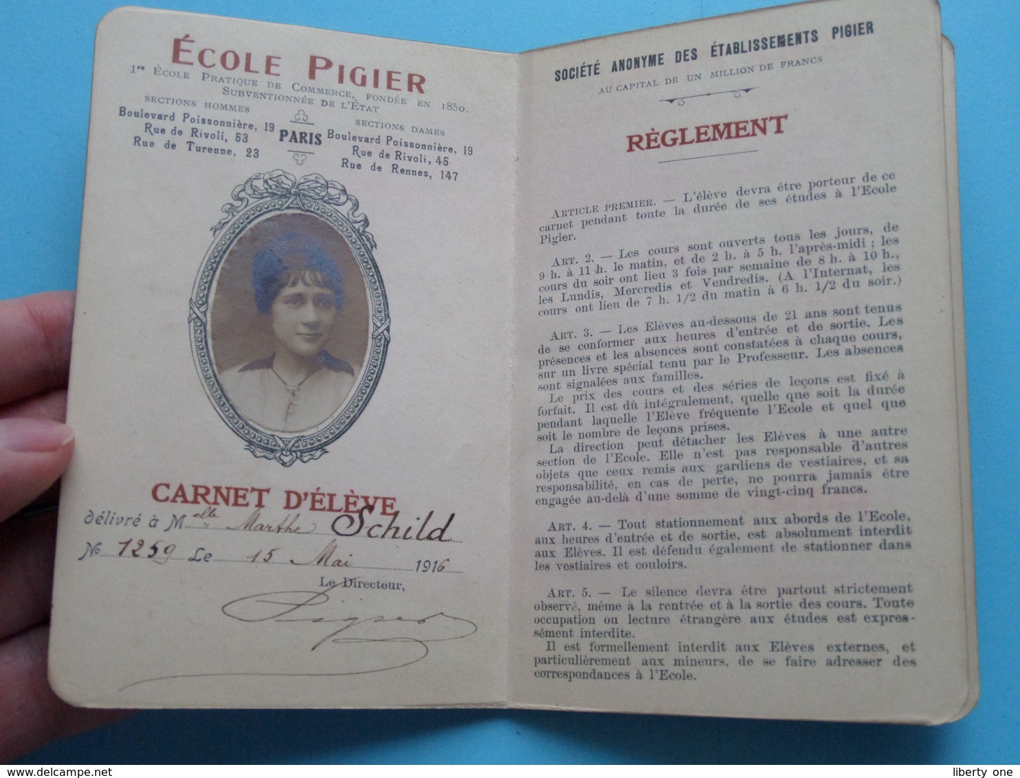 Ecole PIGIER Paris > Carnet D'élève De Marthe SCHILD N° 1259 Le 15 Mai 1916 ( Voir Photo ) Certificat Blanco ! - Diplômes & Bulletins Scolaires