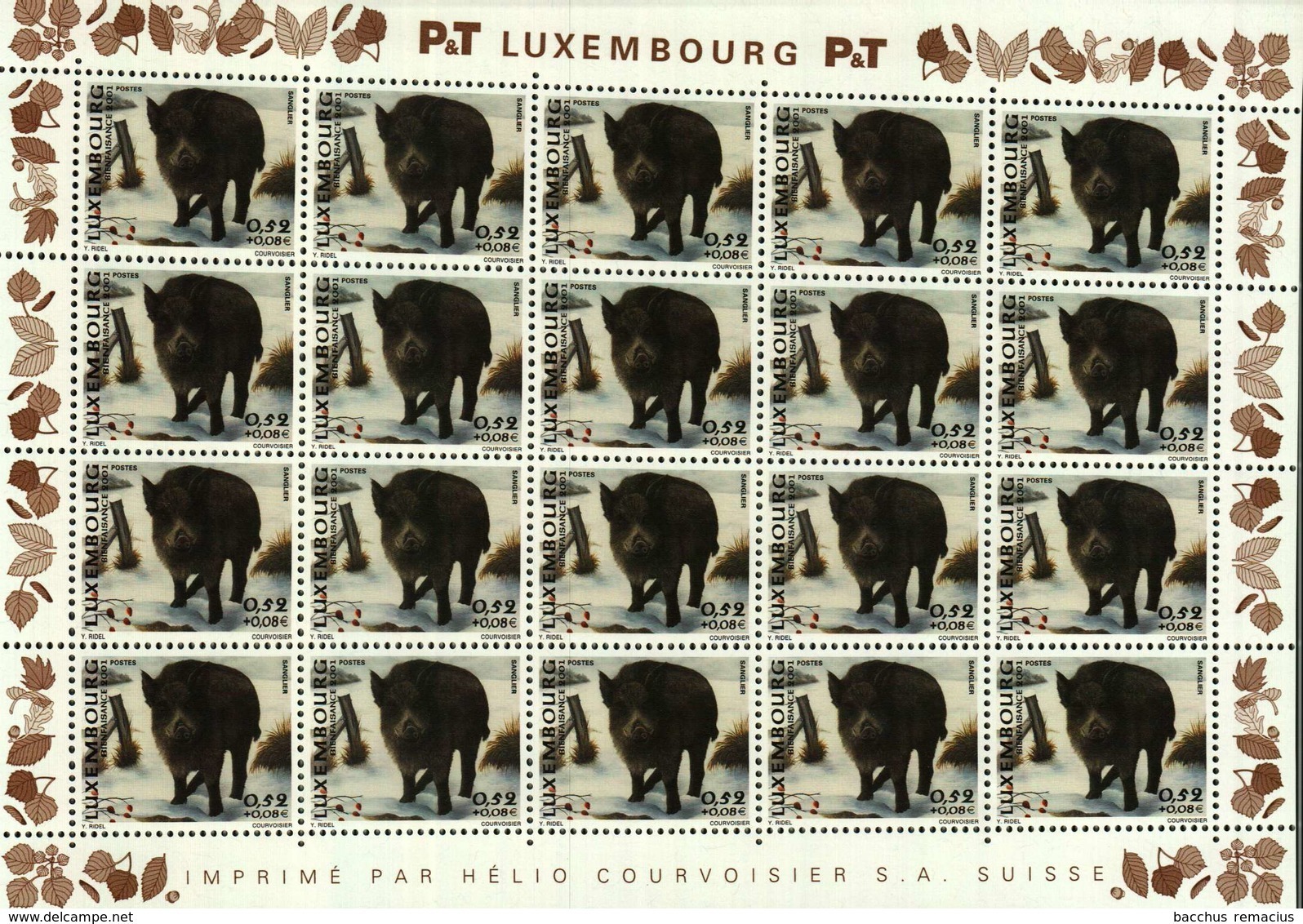 Luxembourg Feuille De 20 Timbres à 0,52 Euro + 0,08 Euro Sanglier,Wildschwein,Wild Boar Timbre Bienfaisance 2001 - Volledige Vellen