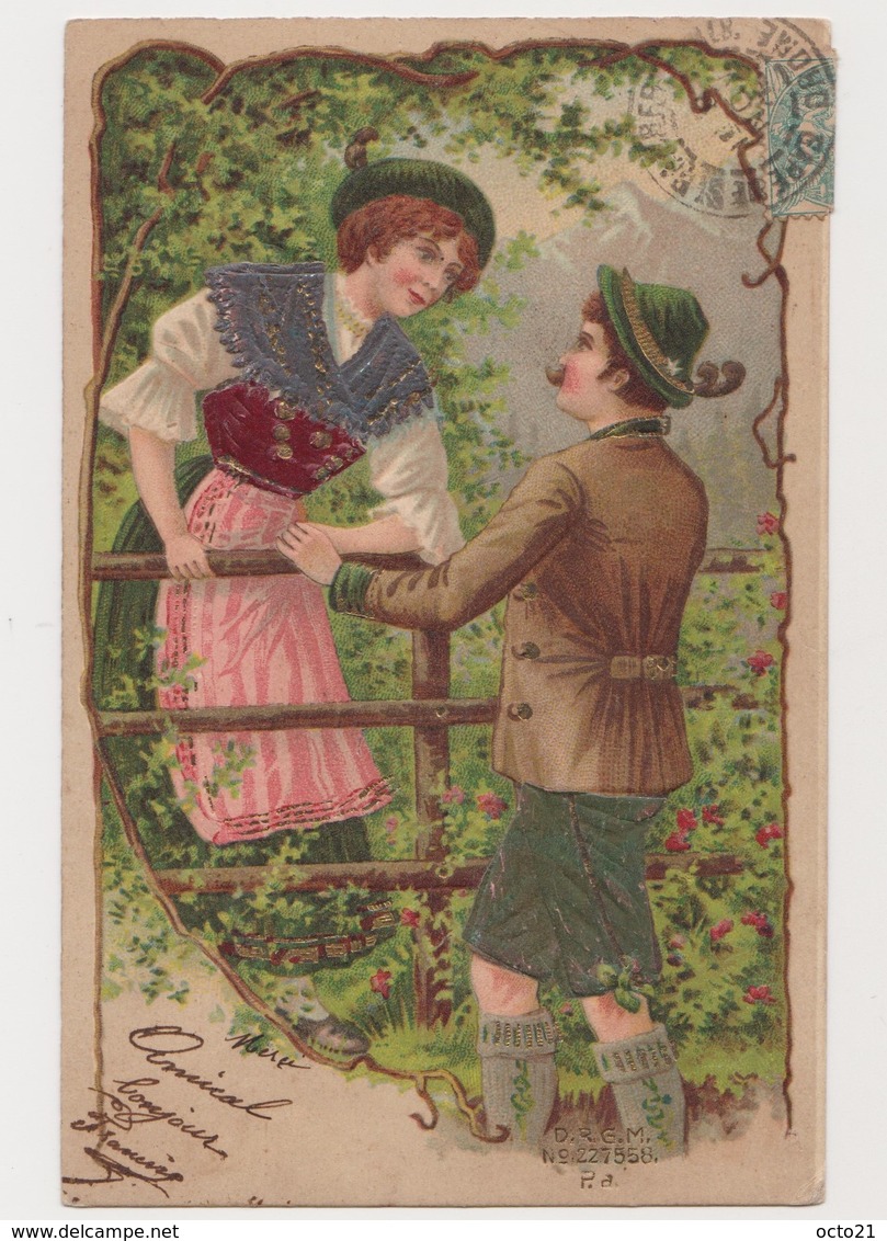 Carte Fantaisie Gaufrée / Couple En Costume Tyrolien - Paare