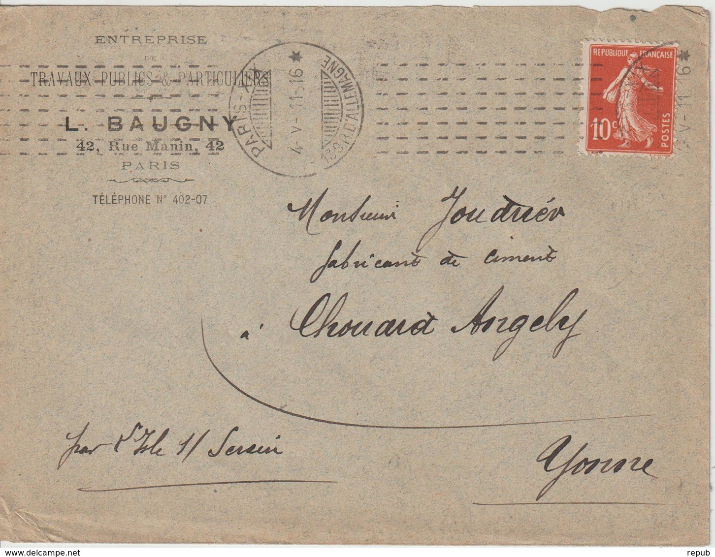 Lettre 1916 De Paris XIX Oblit. Chambon Pour L'Yonne - 1877-1920: Période Semi Moderne