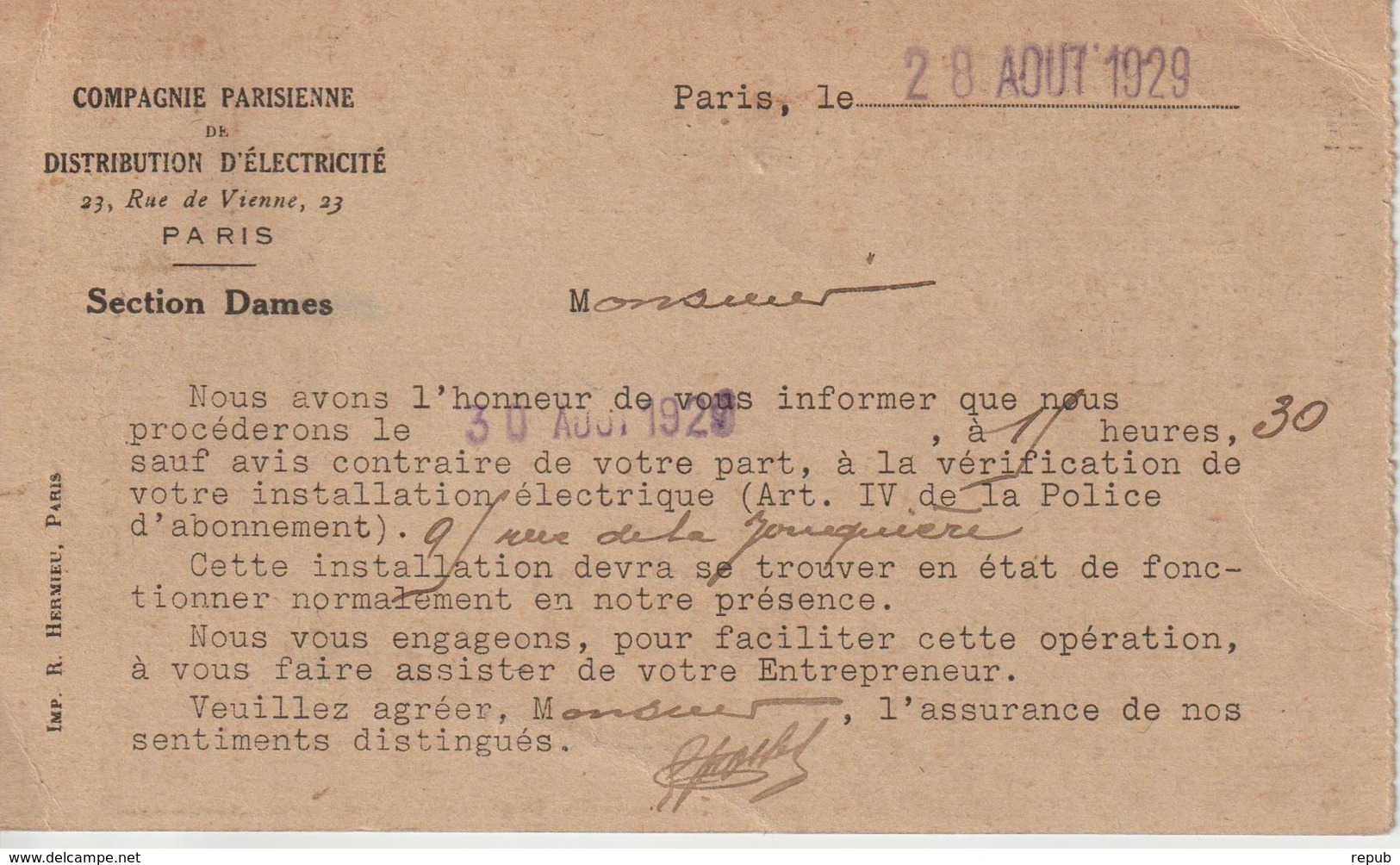 CP 1929 De Paris 54 Oblit. Krag Pour Paris. Entete Compagnie Electricité - 1921-1960: Modern Period