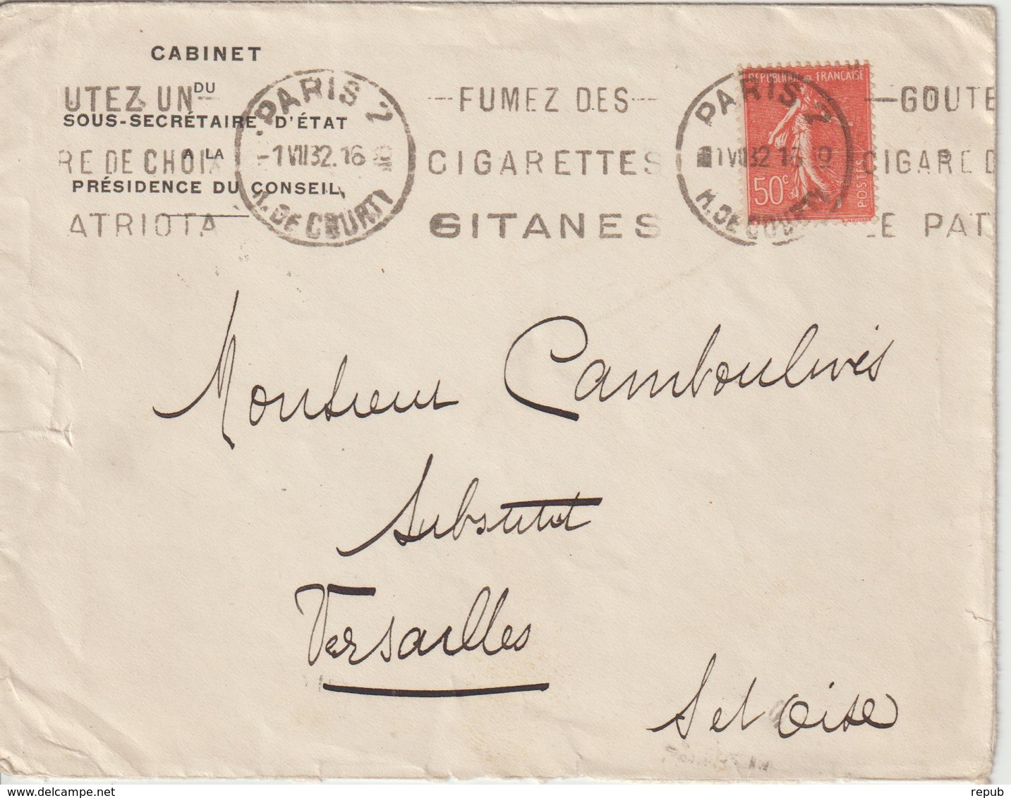 Lettre 1932 De Paris 2 Oblit. Krag Pour Versailles. Entete Cabinet Du Sous Sécrétaire D'Etat - 1921-1960: Période Moderne