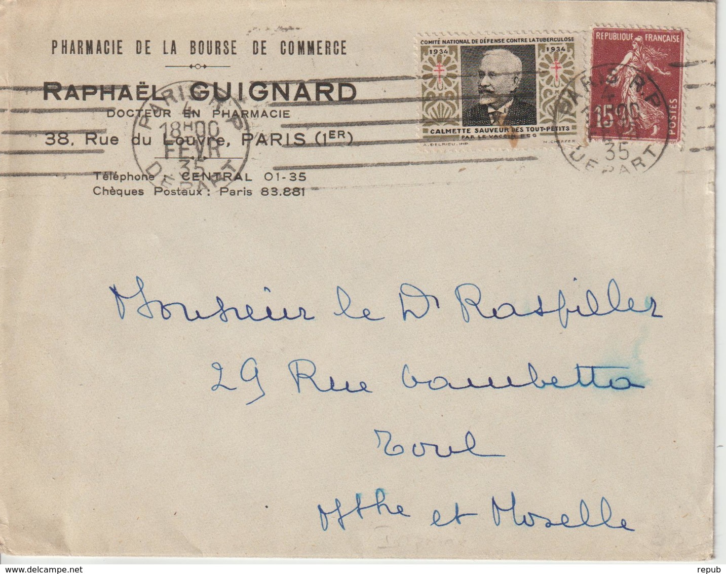Lettre 1935 De Paris RP Oblit. Krag Pour Toul. Entete Pharmacie + Vignette - 1921-1960: Période Moderne