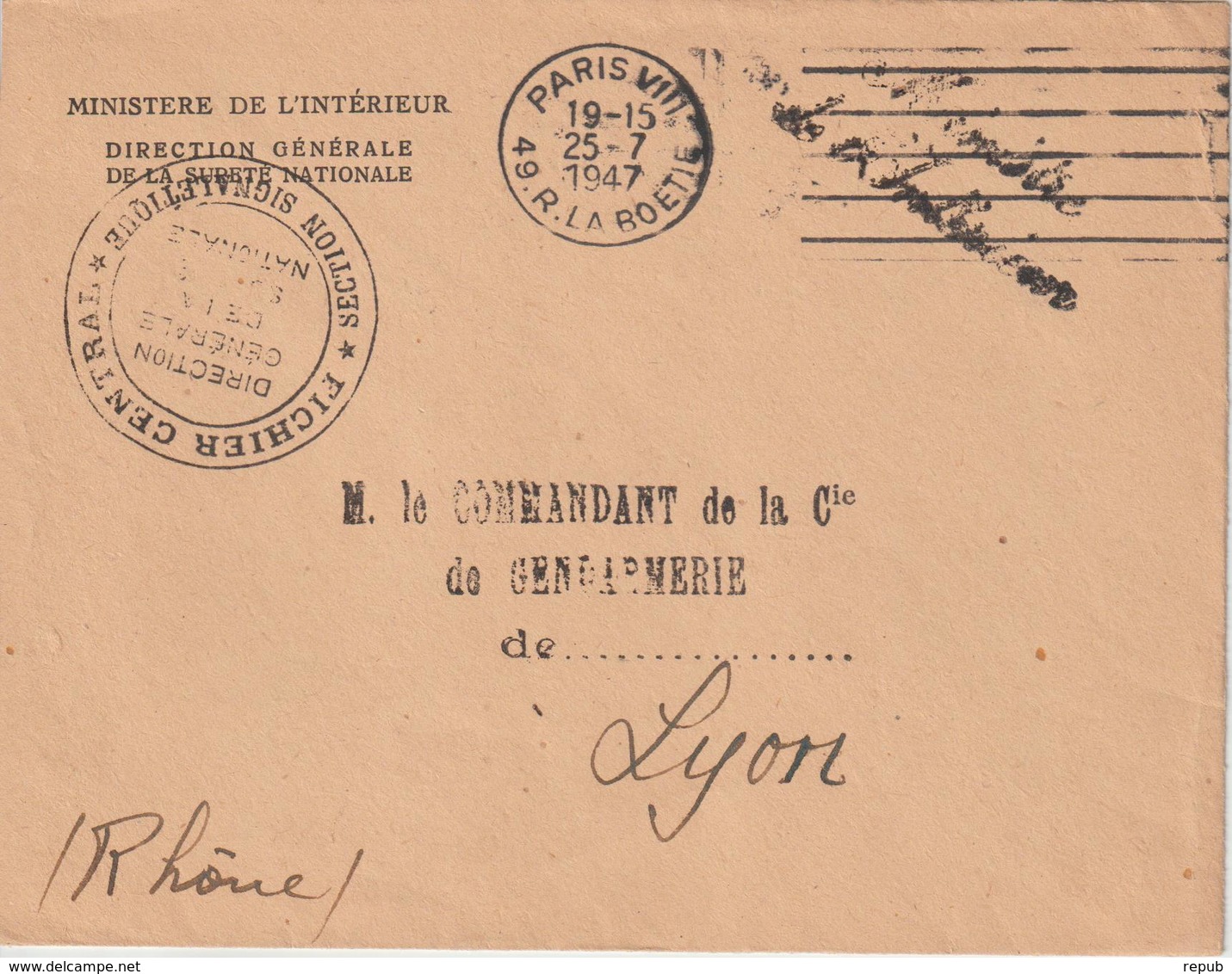 Lettre En Franchise 1947 Paris Ministère De L'intérieur Pour Lyon - 1921-1960: Moderne