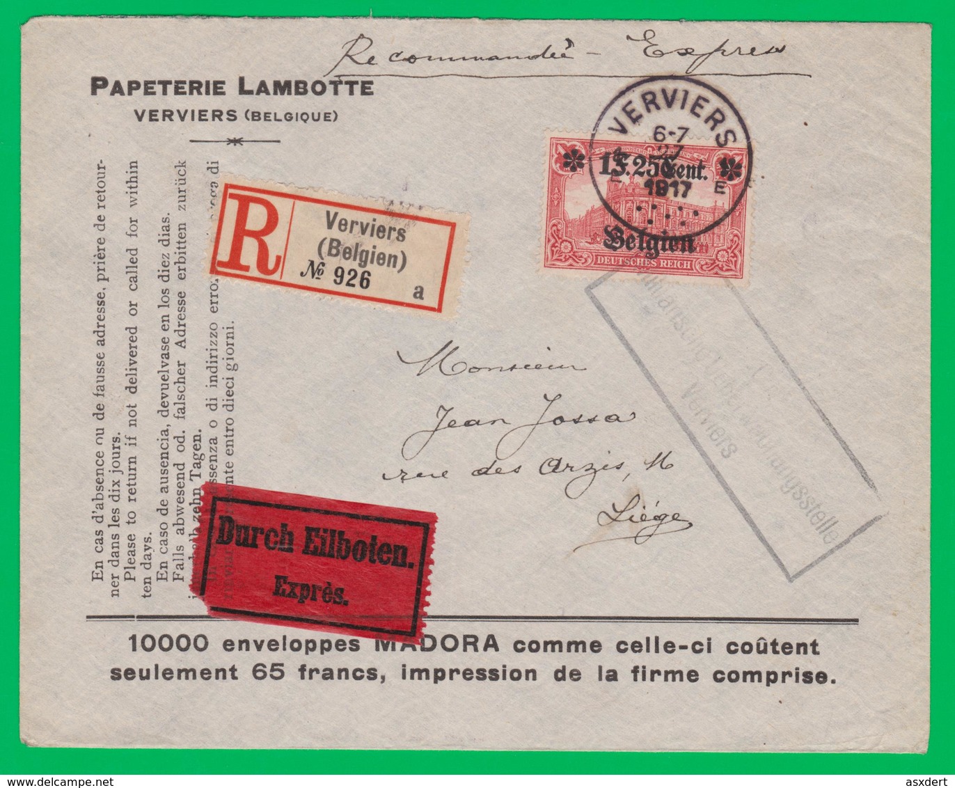 Doc. Enveloppe "Publicitaire"  Recommandé-Expres OC 23 De Verviers Vers Liege 1917 - OC1/25 General Government