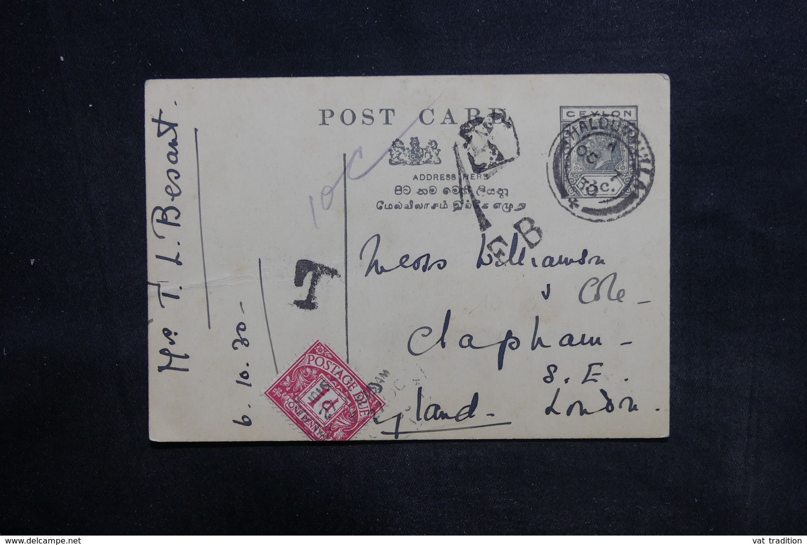 PAYS BAS - Taxe Sur Entier Postal Du Ceylan Pour Londres En 1930, à étudier - L 36339 - Impuestos