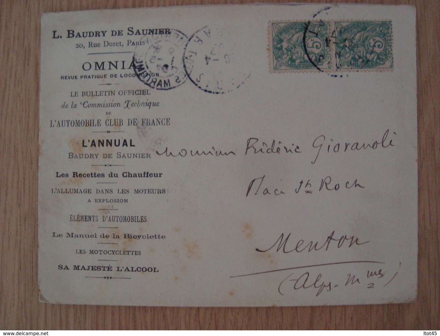 ENVELOPPE + DOCUMENT L. BAUDRY DE SAUNIER OMNIA - 1877-1920: Semi Modern Period