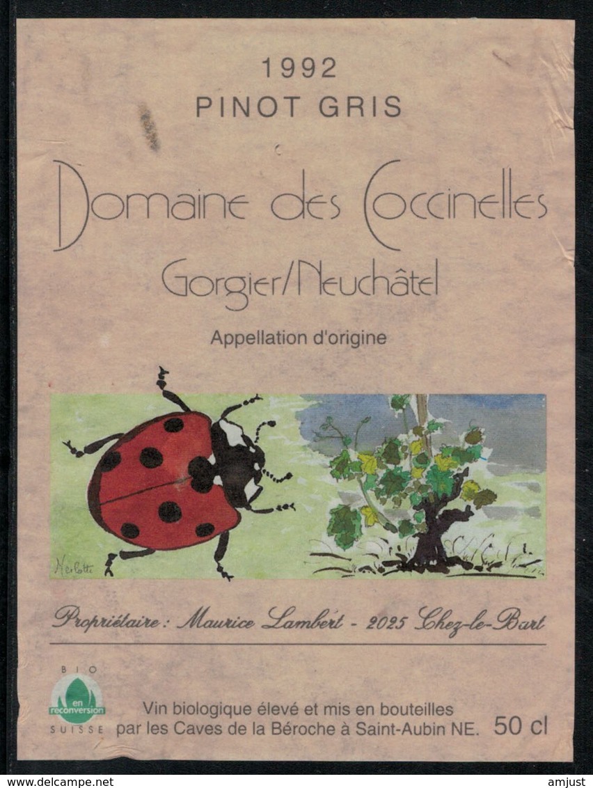 Etiquette De Vin // Pinot Gris, Domaine Des Coccinelles, Gorgier/Neuchâtel - Mariquitas