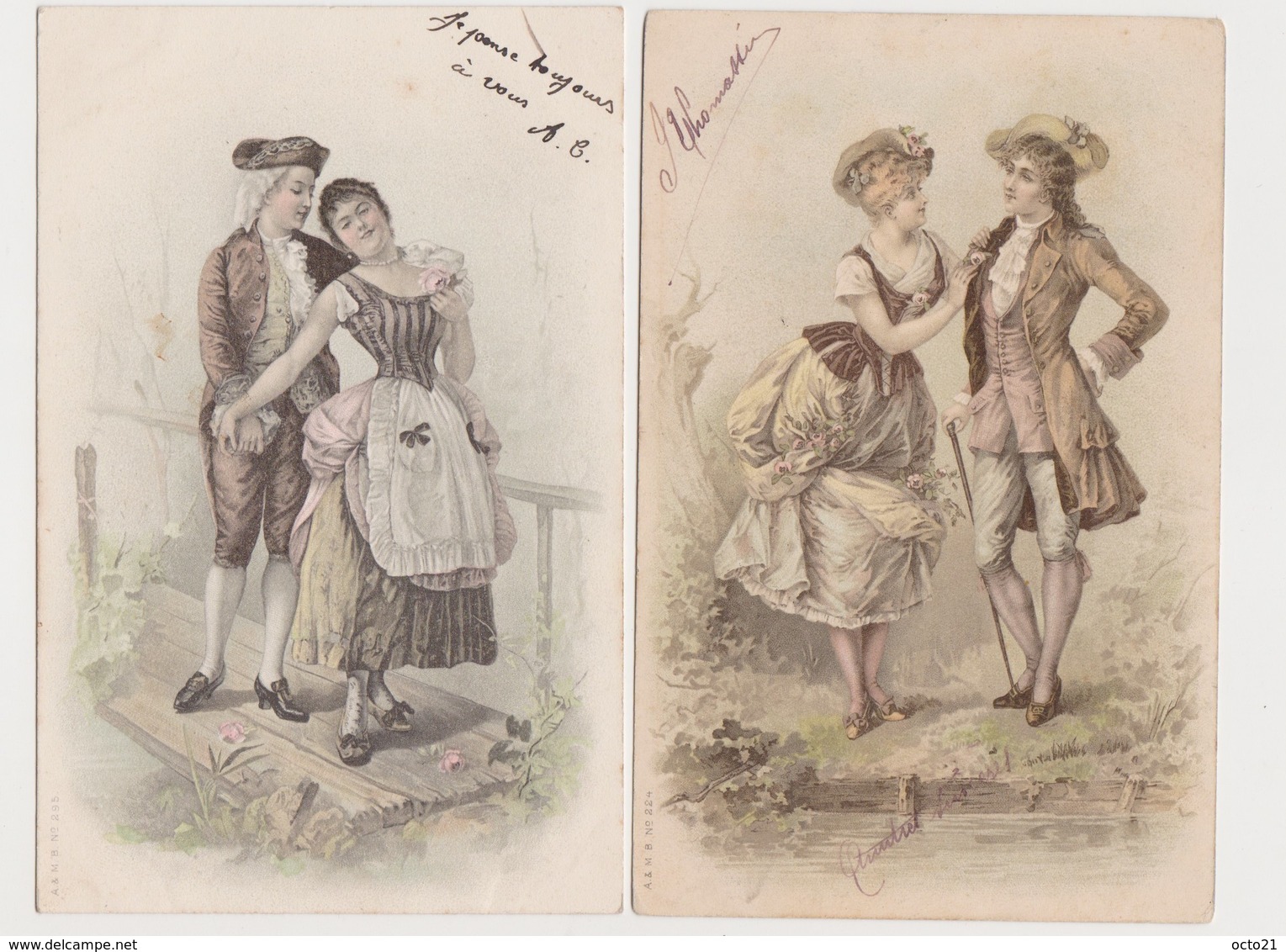 2 Cartes Fantaisie Dessinées  / Couple , Costumes XVIIIè - Paare