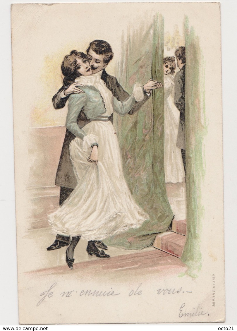 Carte Fantaisie Dessinée Gaufrée / Couple , Baiser Volé - Koppels