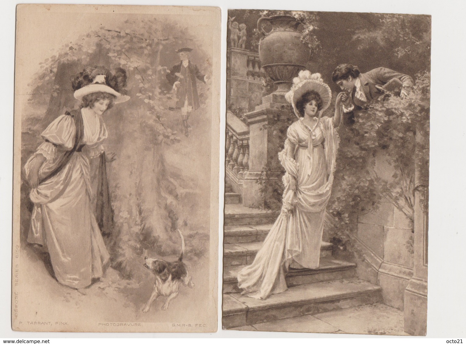 2 Cartes Fantaisie Dessinées. P.TARRANT. Photogravure / Baise Main ; Rencontre Dans Le Bois - Non Classés