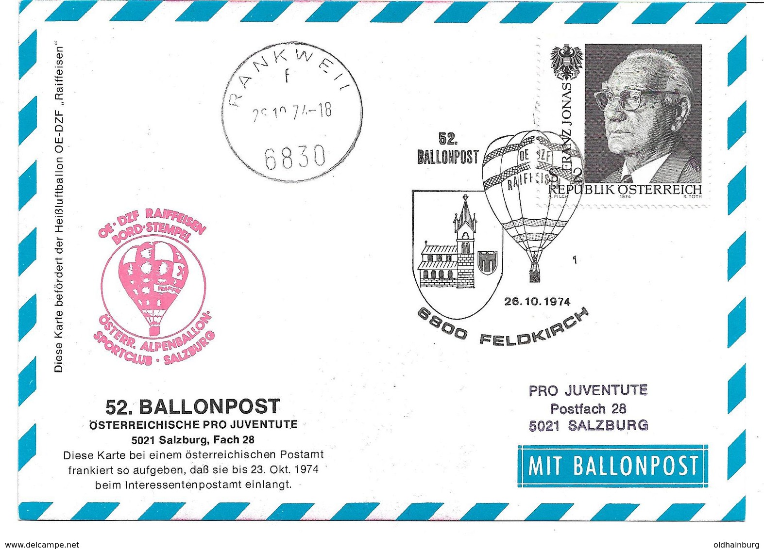 1670a: AK Nationalfeiertag 1974, 6840 Feldkirch/ 6830 Rankweil, Ballonbeförderung - Rankweil