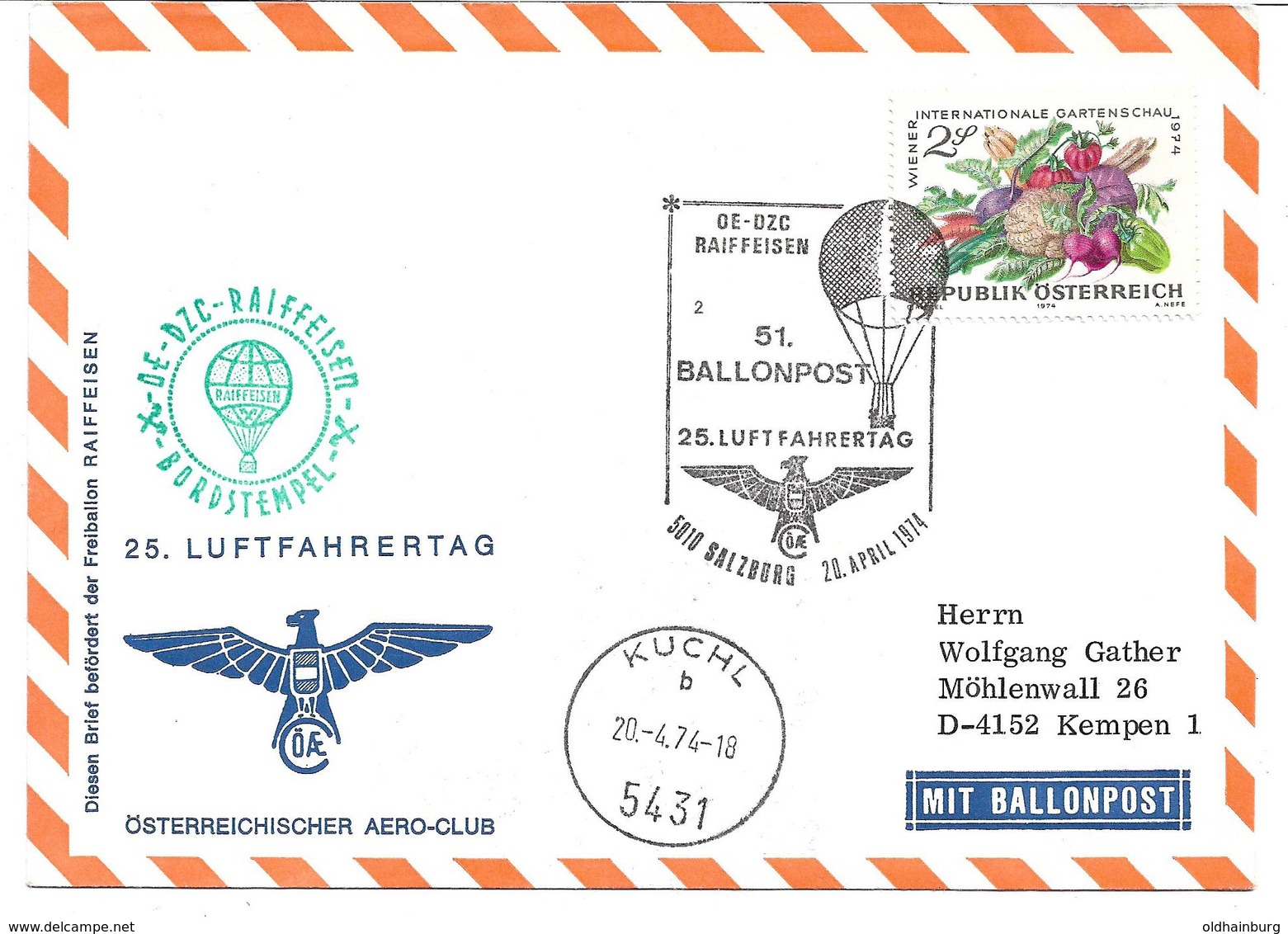 1670b: Heimatbeleg 5431 Kuchl, Luftfahrertag 1974, Ballonbeförderung - Kuchl