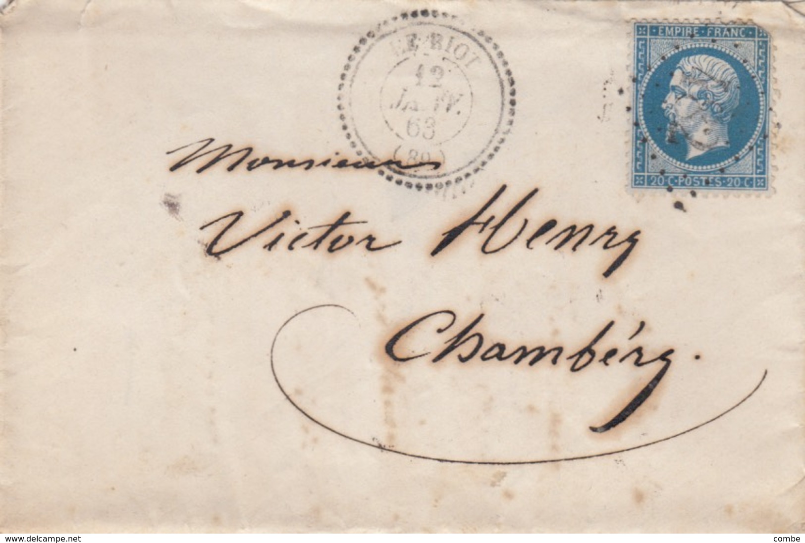 LETTRE. 1863. PERLÉ T22 HAUTE-SAVOIE LE BIOT. GC 482 POUR CHAMBERY. TRES RARE PERLÉ + GC - 1849-1876: Période Classique