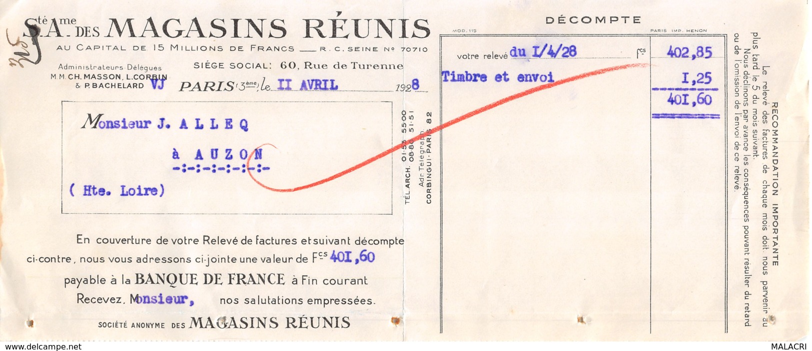 37-1004   1928 SOCIETE ANONYME DES MAGASINS REUNIS A PARIS - M. ALLEQ A AUZON - Lettres De Change