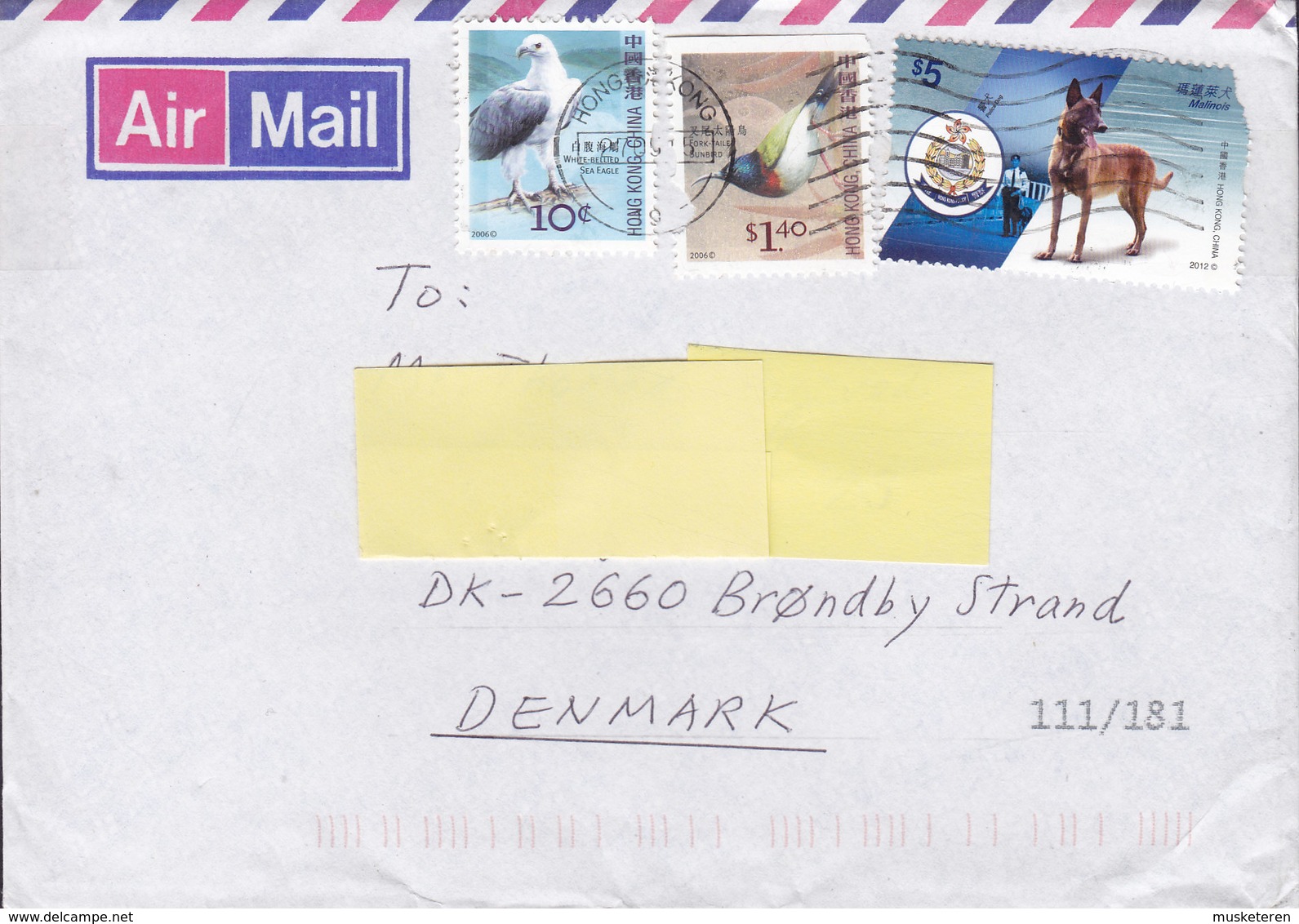 Hong Kong China Air Mail HONG KONG 2015 Cover Brief BRØNDBY STRAND Denmark Bird Vogel Oiseau Dog Hund Chien - Storia Postale
