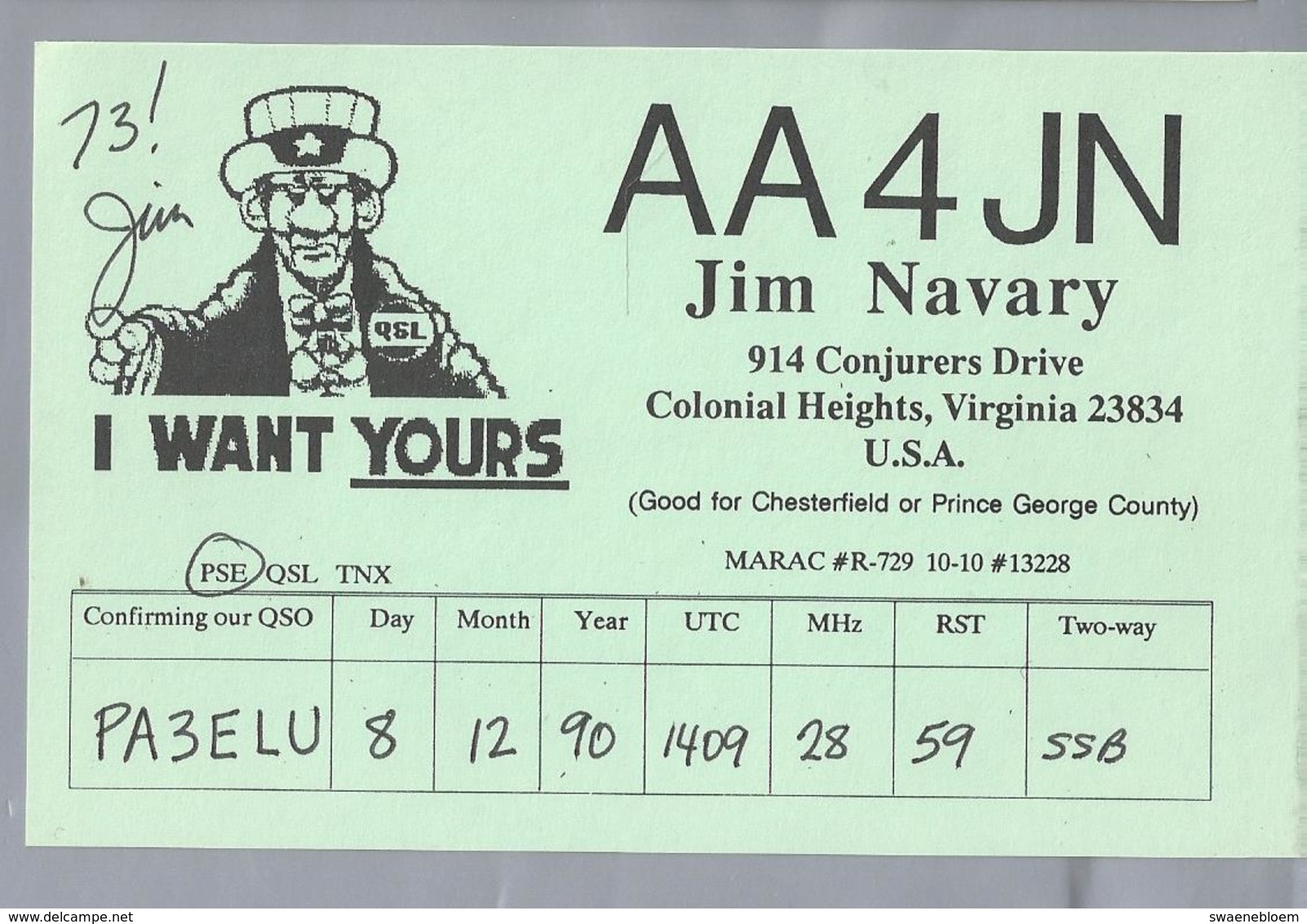 US.- QSL KAART. CARD. AA4JN. JIM NAVARY, COLONIAL HEIGHTS, VIRGINIA, U.S.A.. I WANT YOURS - Radio Amateur