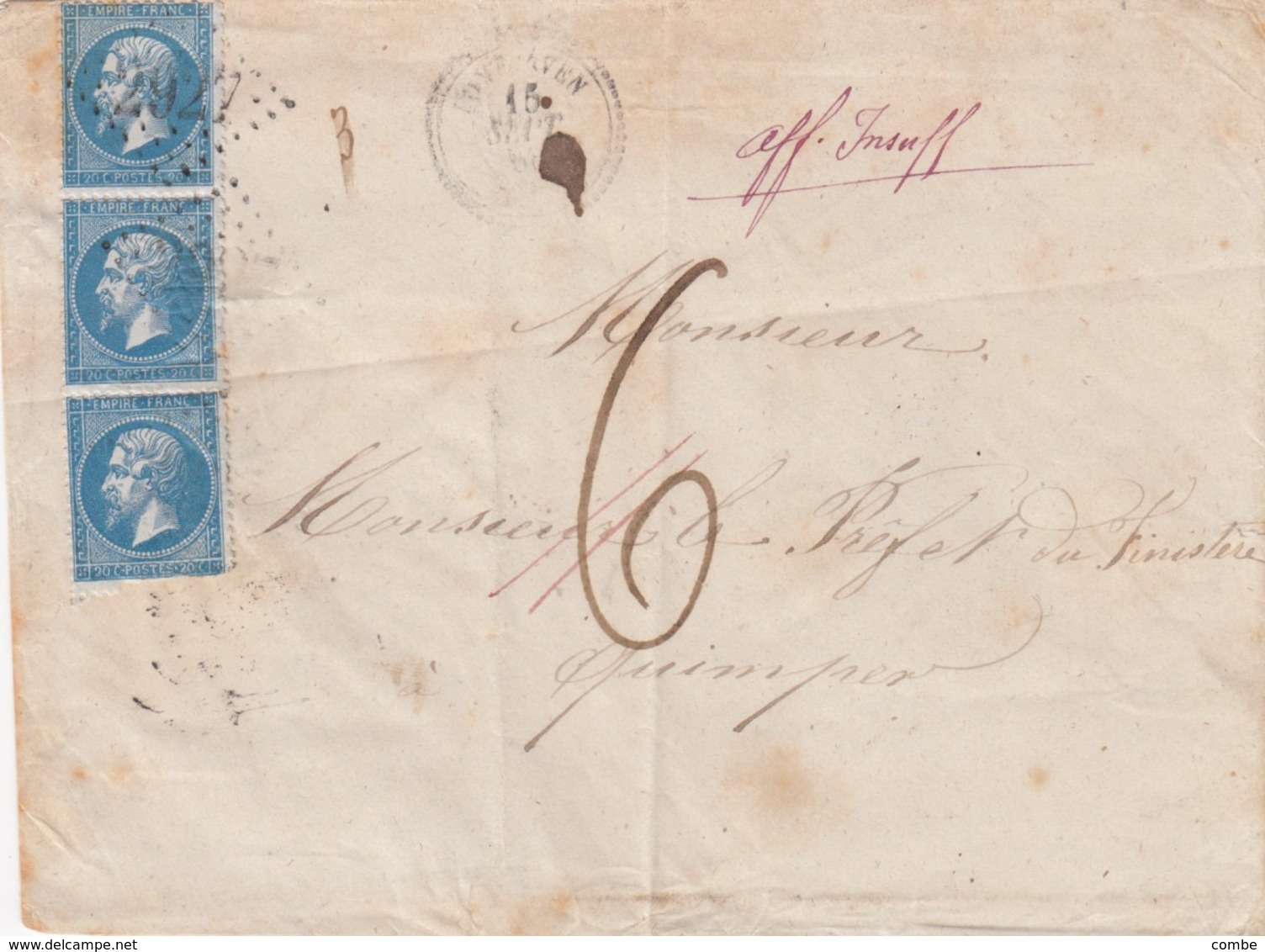 LETTRE. 1866. PERLÉ T22 FINISTER PONTAVEN. GC 2927. POUR QUIMPER.bande De 3. TAXEE 6 AFFR. INSUFF. REFUSEE A L'ARRIVEE - 1849-1876: Période Classique